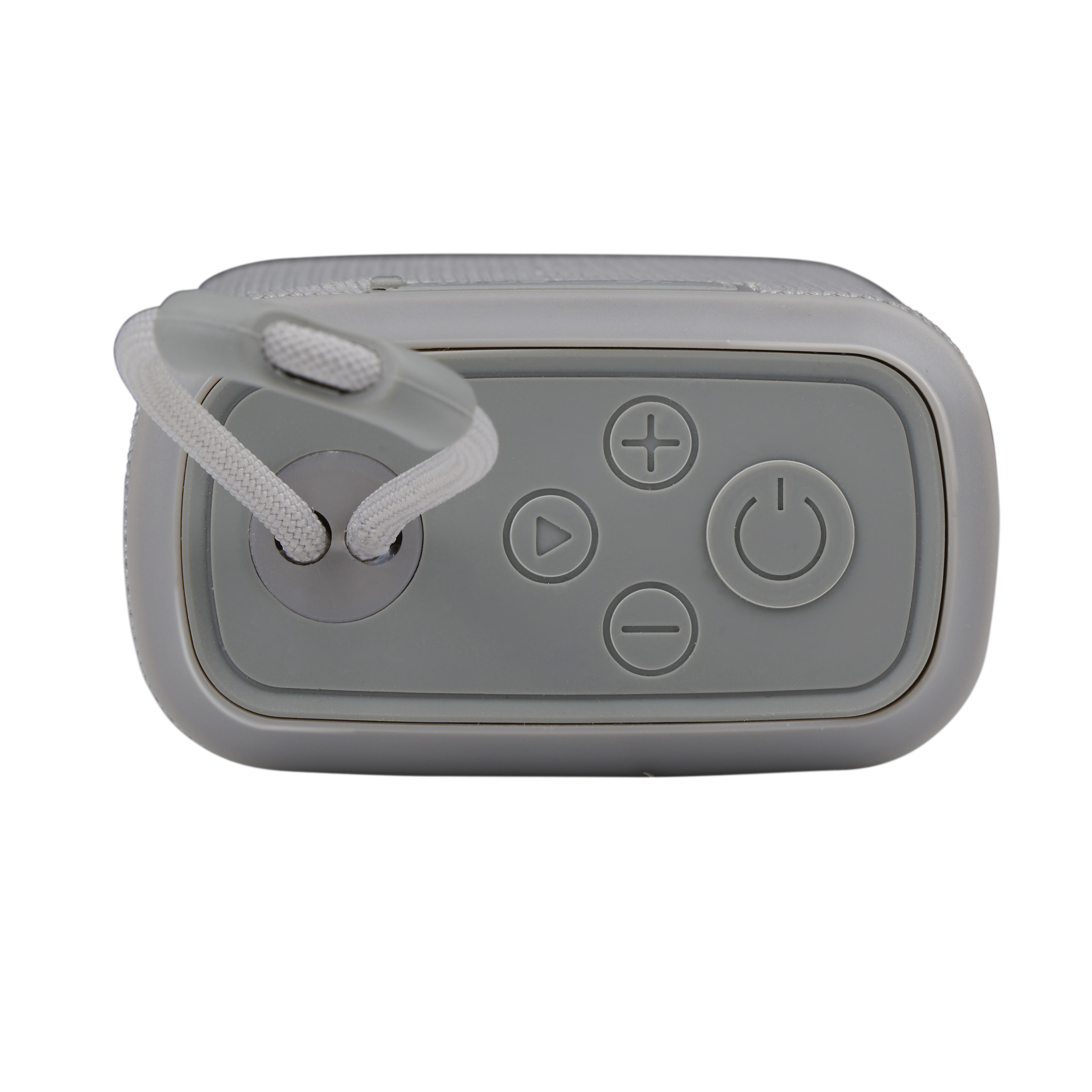Grijze speaker met knoppen, stroom, volume. Witte koordlus. Witte achtergrond.