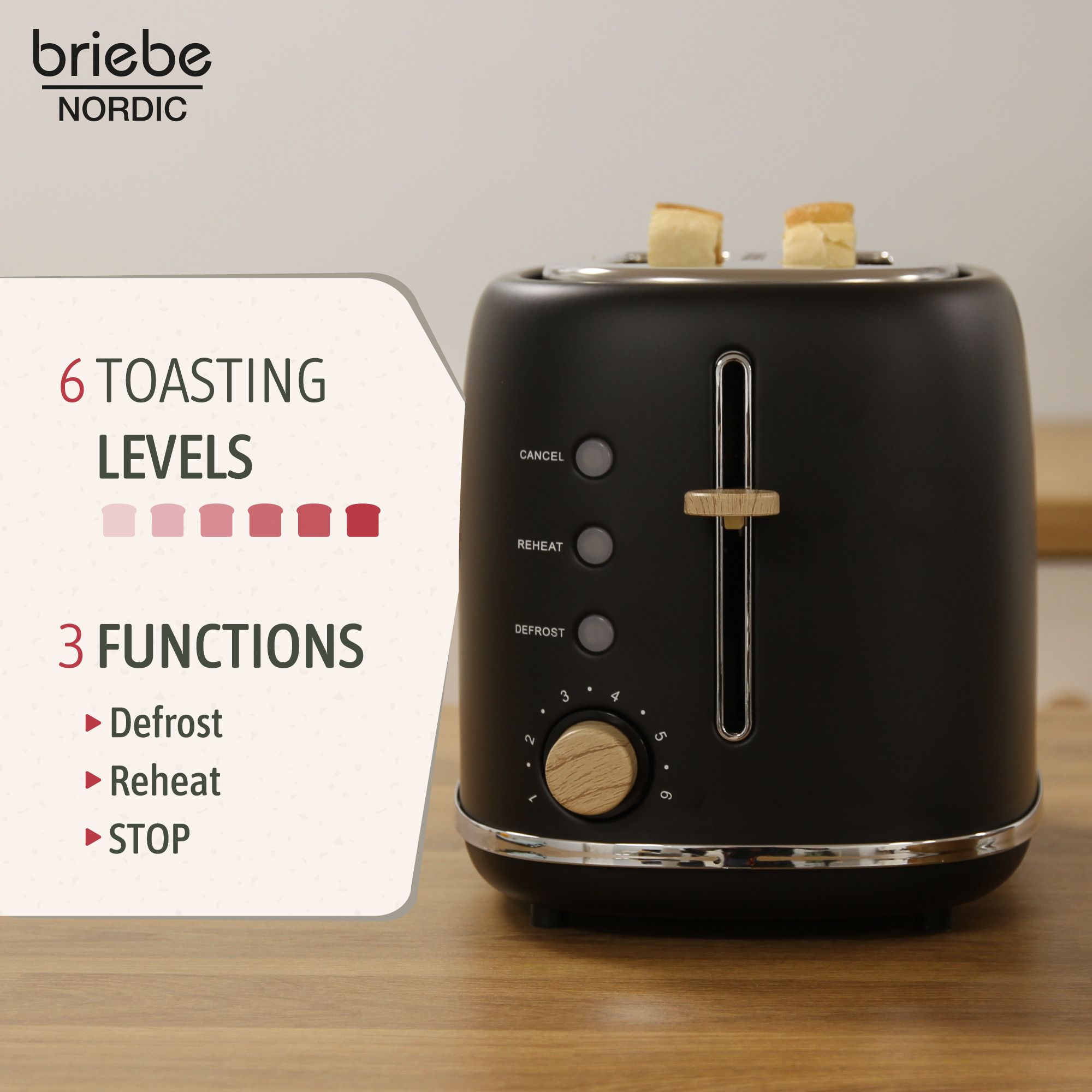 Ein schwarzer Toaster mit zwei Toastscheiben. Text zeigt 6 Bräunungsstufen und 3 Funktionen.