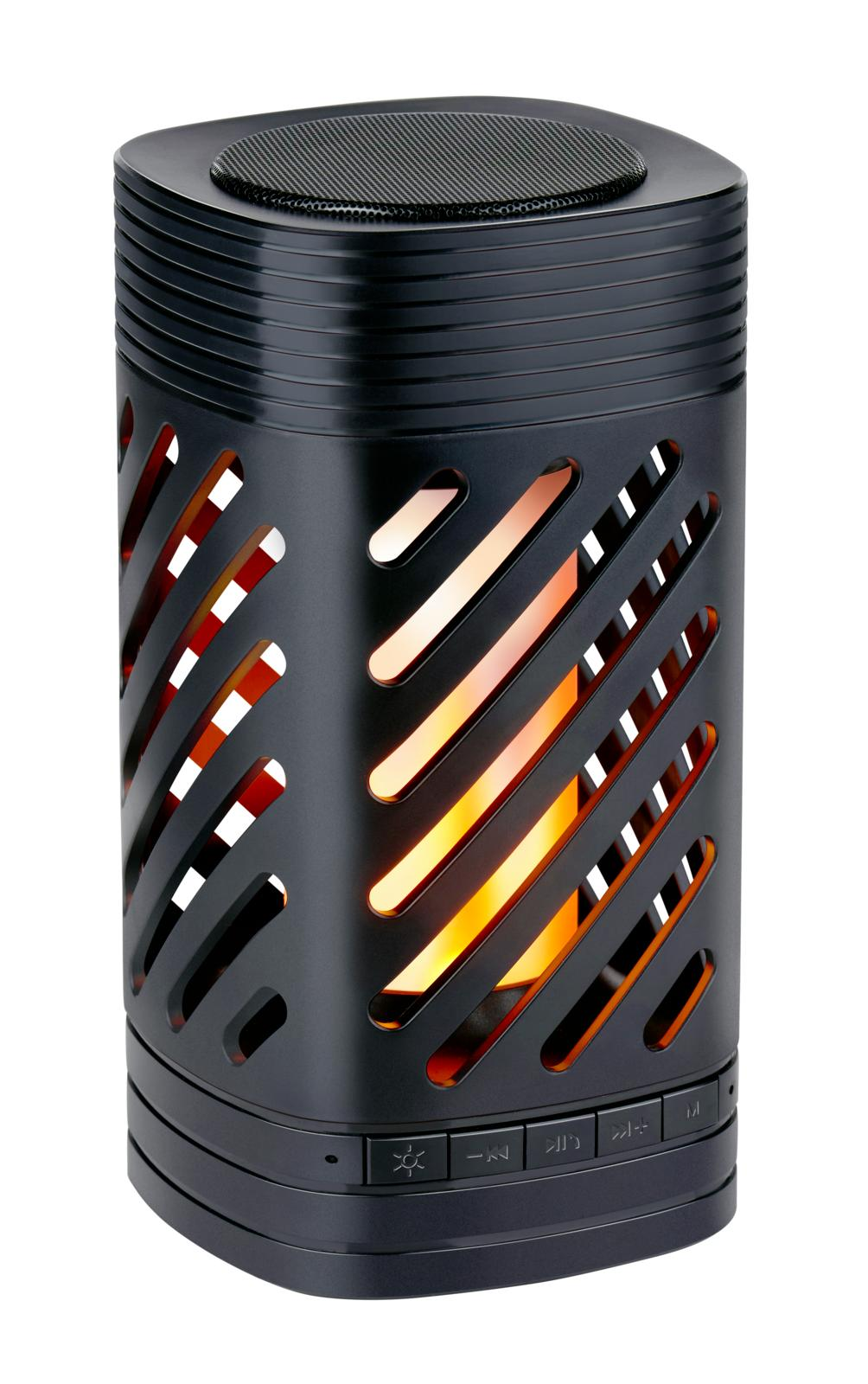 Zwarte speaker met diagonale uitsparingen, oranje gloed binnenin. Knoppen onderaan.