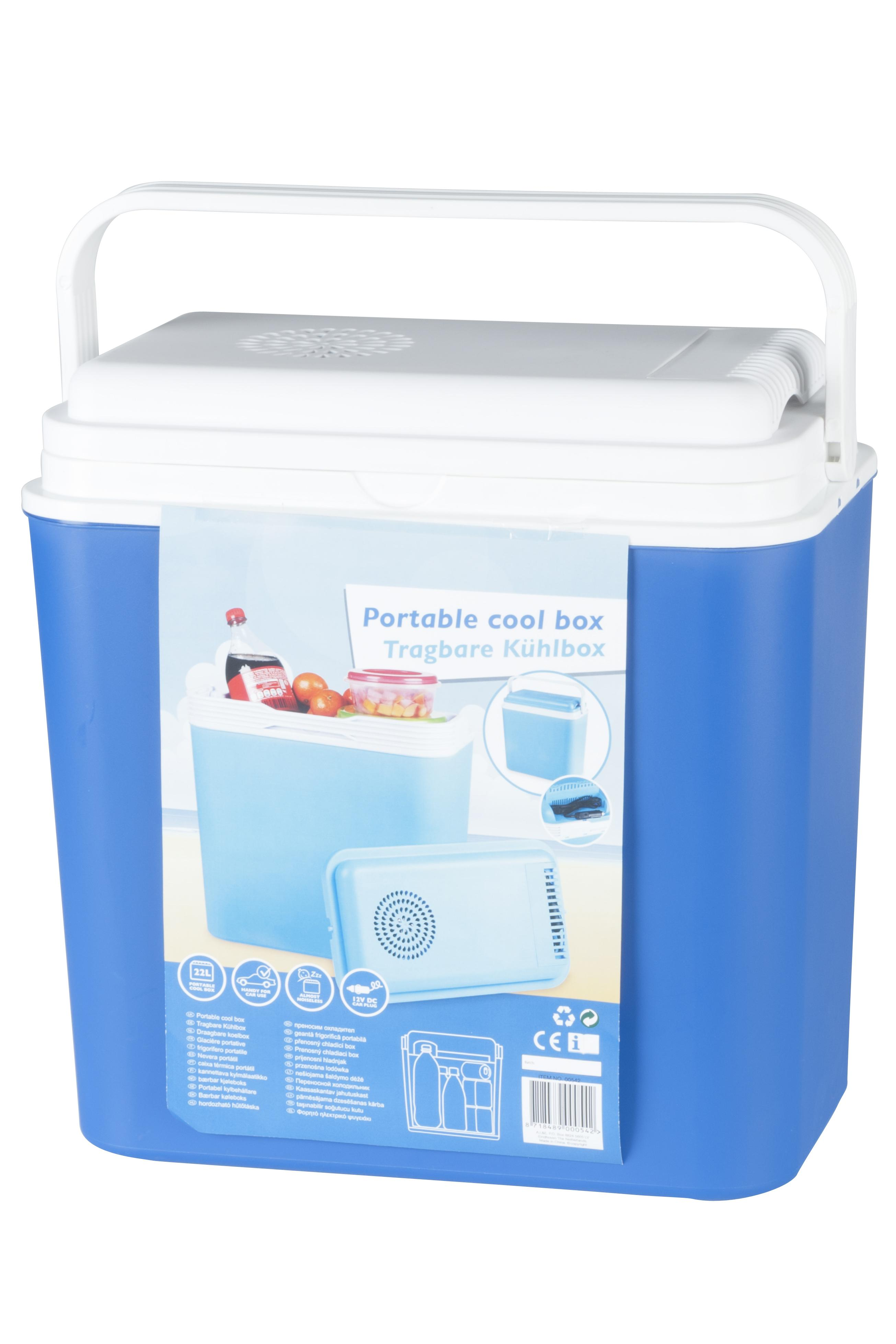 Un frigorifero portatile blu e bianco, con una maniglia in alto e un frigorifero più piccolo mostrato.