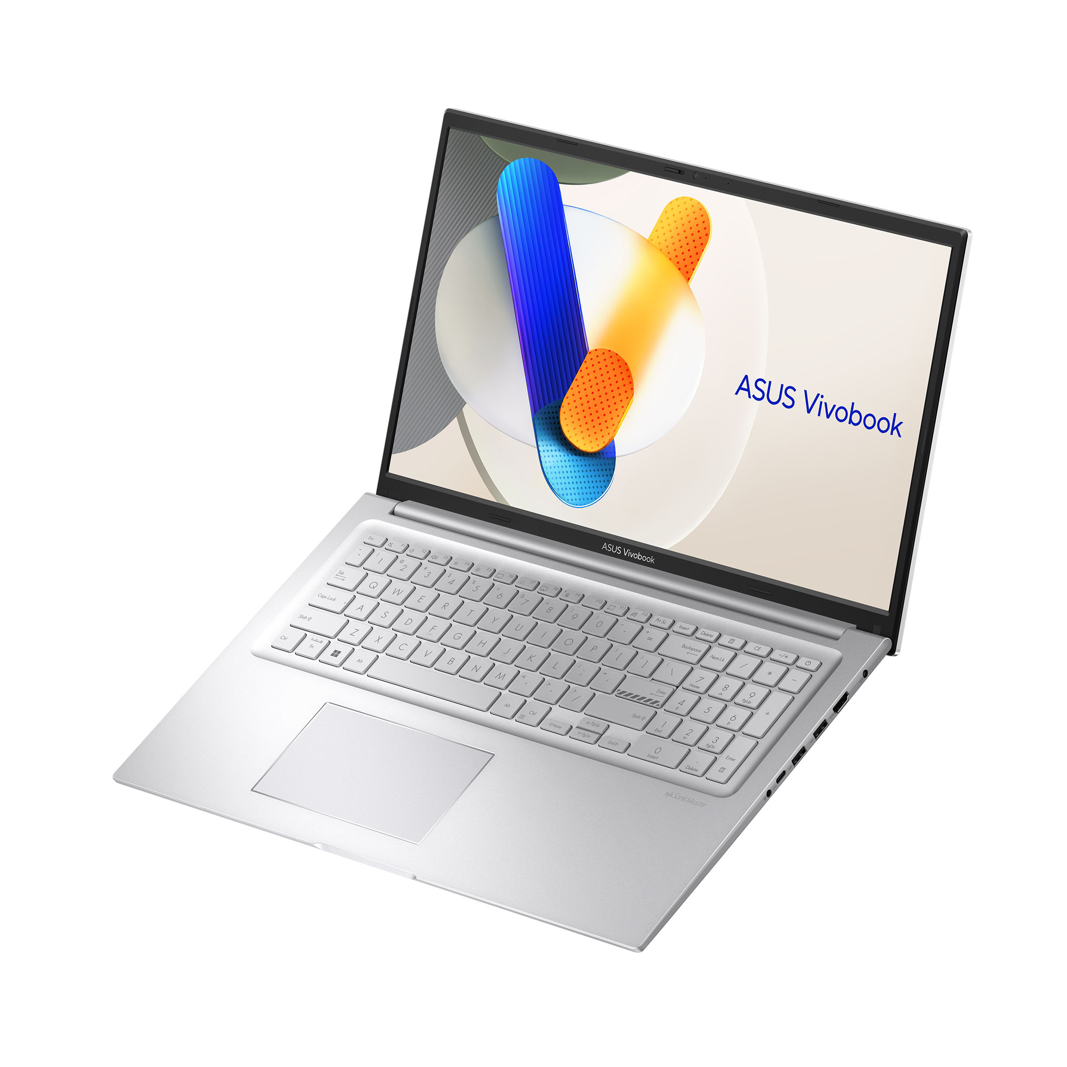 Ein silbernes ASUS Vivobook Laptop, offen, auf weißer Oberfläche, Bildschirm sichtbar.