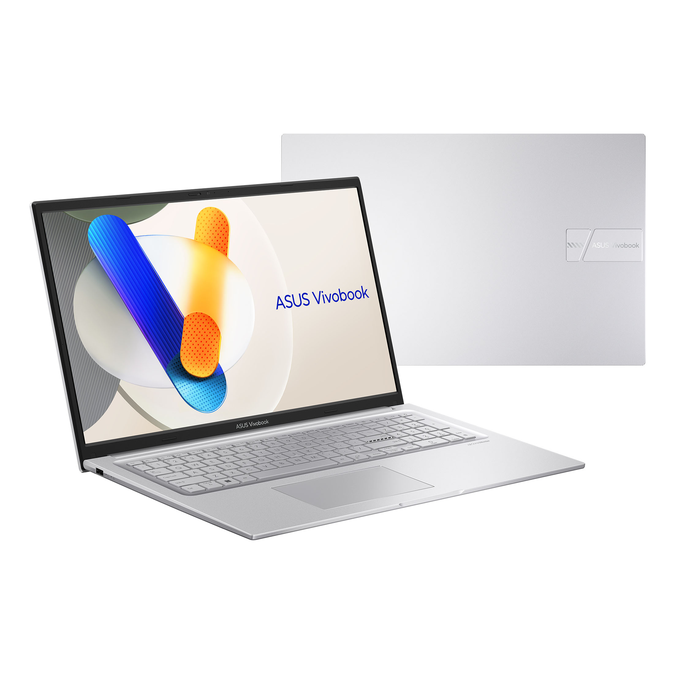Ein ASUS Vivobook Laptop, offen, auf weißer Oberfläche, Tastatur sichtbar.
