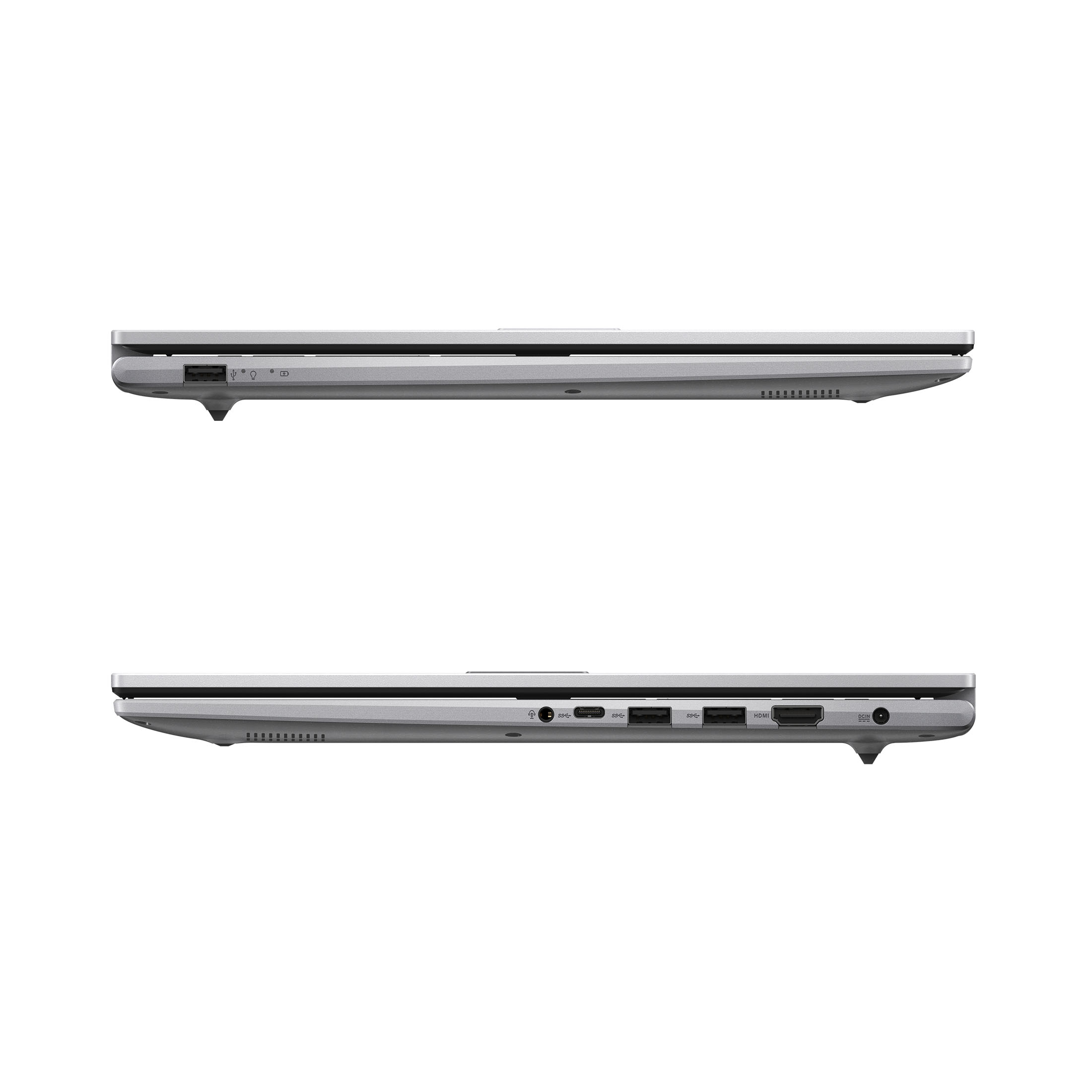 Zwei Laptops nebeneinander. Beide sind silberfarben und schlank und zeigen Anschlüsse an den Seiten.