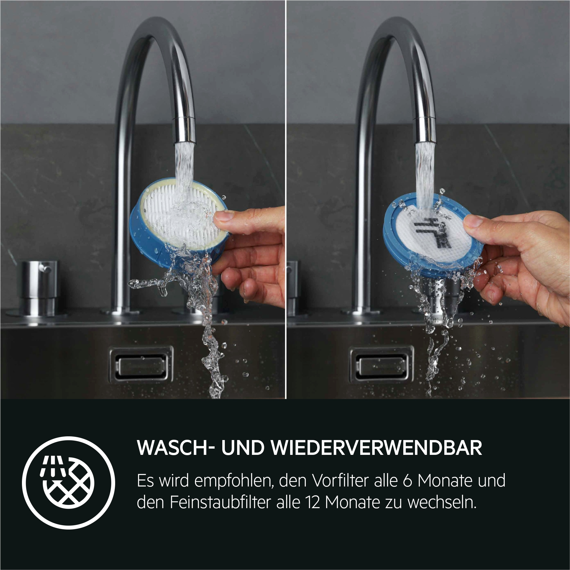 Dwa obrazy obok siebie. Ręce czyszczą filtr z kranu wodą. Tekst wyjaśnia proces.