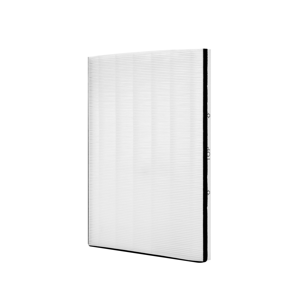 Filtro de aire blanco. Tiene forma rectangular con muchas líneas paralelas.
