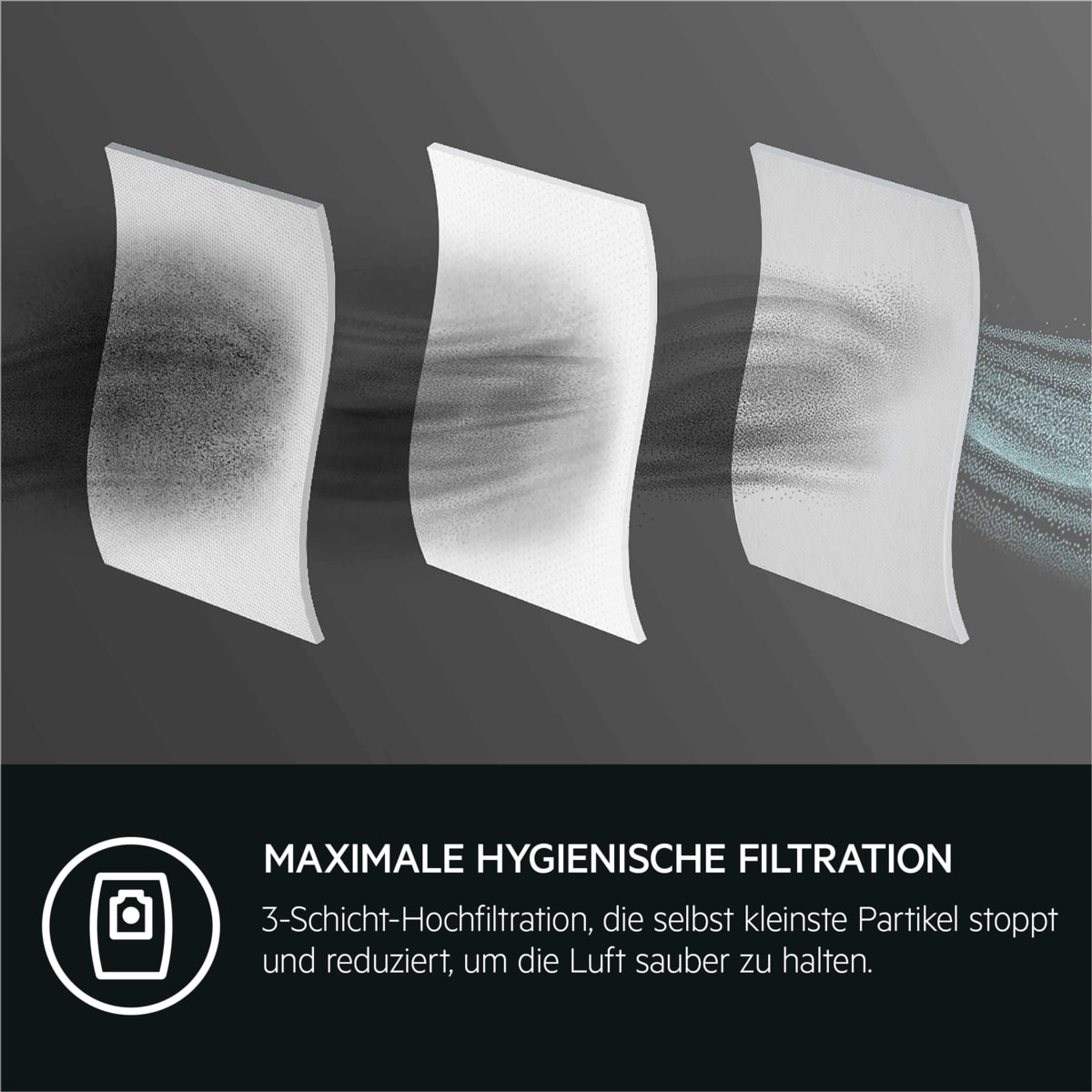 Zbliżenie trzech białych filtrów powietrza, z tekstem o filtracji higienicznej.