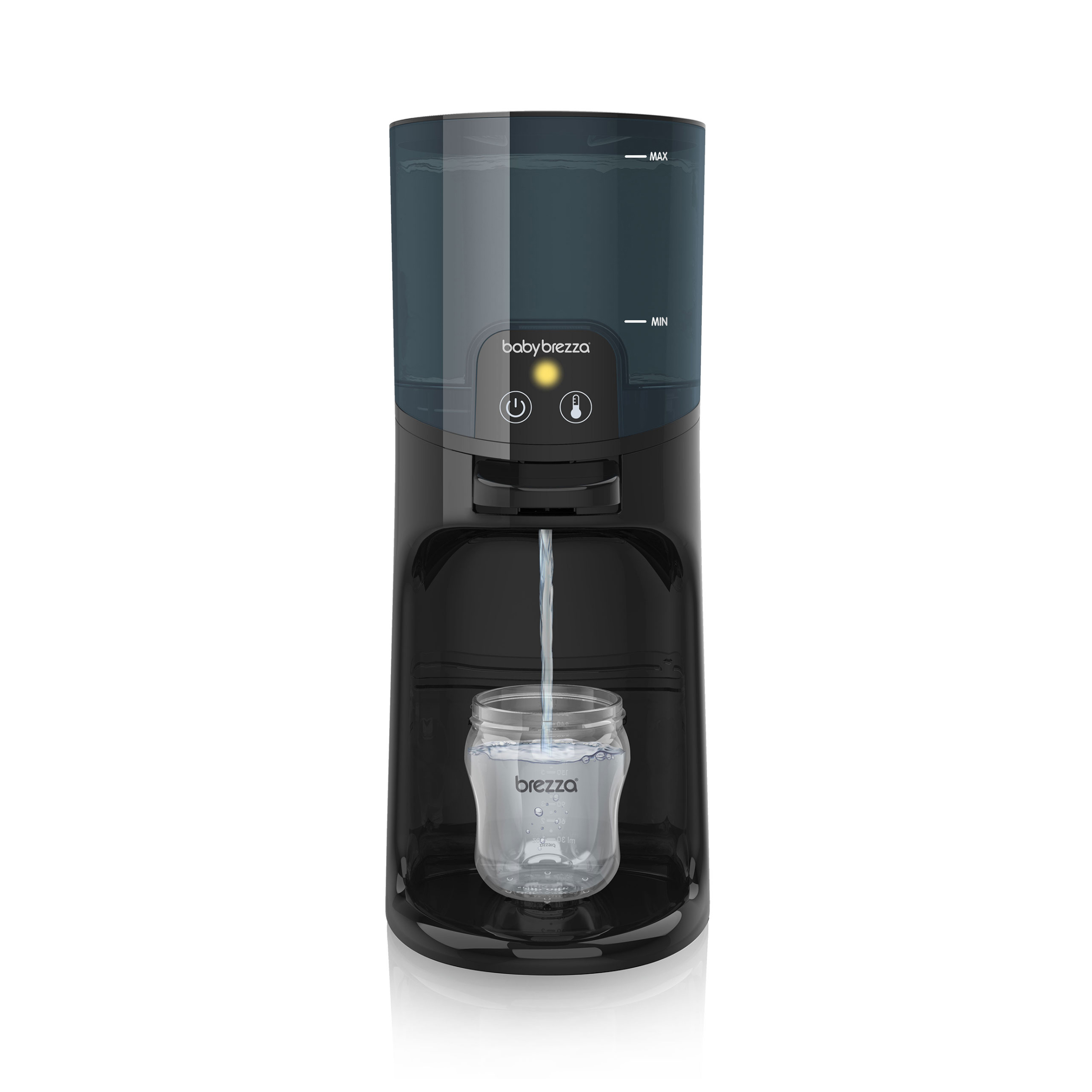 Schwarzer Babyflaschenwärmer, der Wasser in eine Flasche abgibt. Marke Baby Brezza.