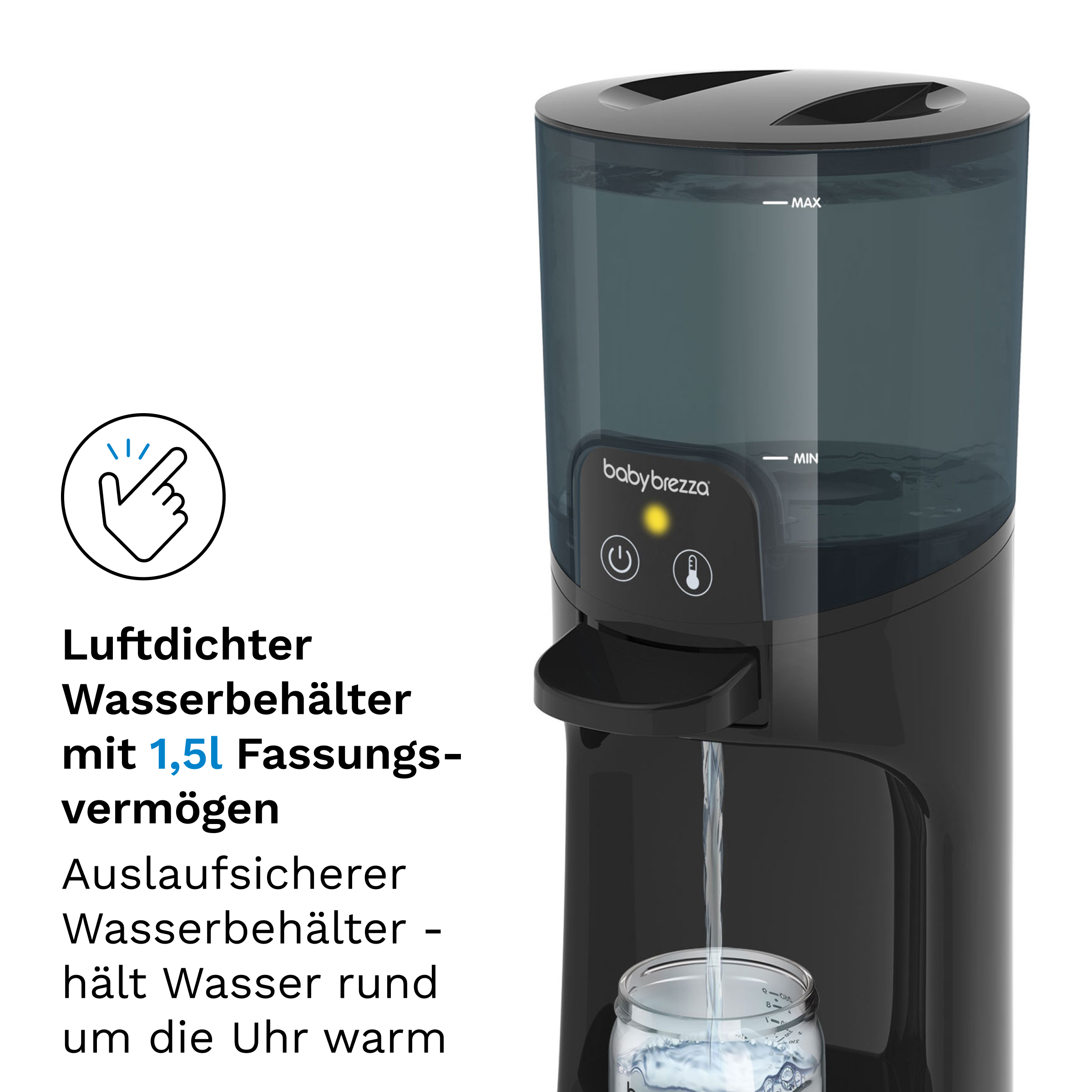 Babyflaschenwärmer in Schwarz-Grau mit Wasserstrahl. Text beschreibt luftdichten Wassertank.