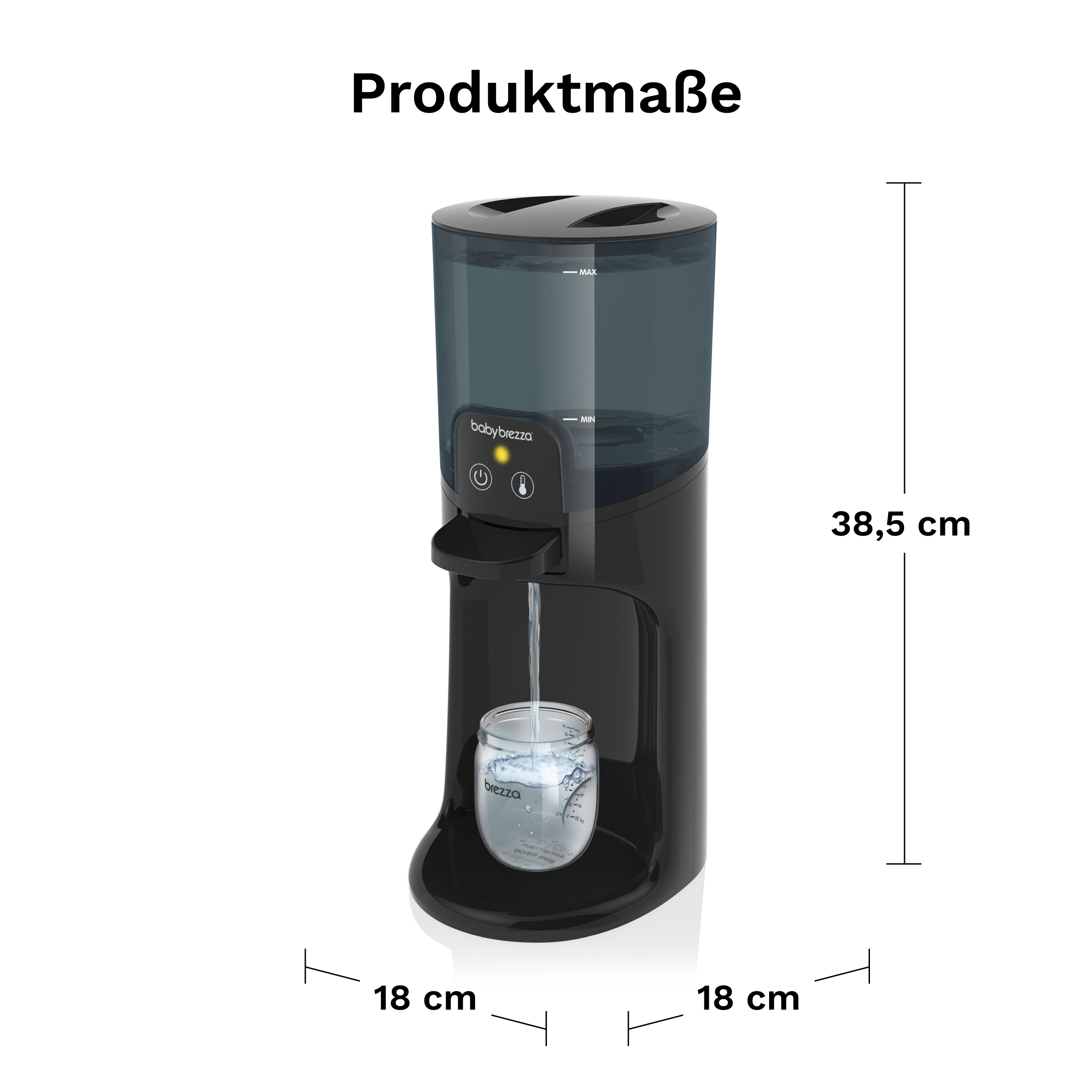 Schwarzer Babyflaschenzubereiter mit transparentem Wassertank und Glasflasche darunter, mit Abmessungen.
