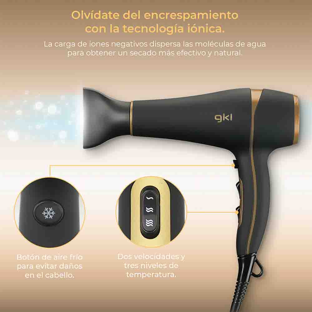 Asciugacapelli nero e oro con pulsanti di controllo e testo in spagnolo.
