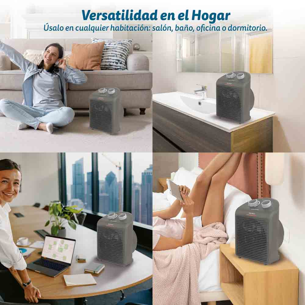 Imágenes de calentadores de espacio grises en diferentes habitaciones: sala de estar, dormitorio, oficina. Usado en varios entornos.
