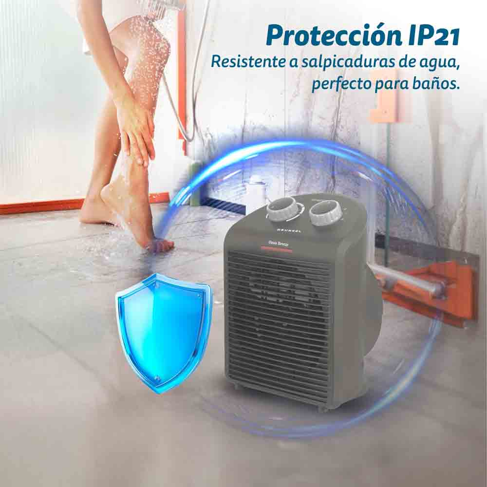 Una persona duchándose en un baño. Un calefactor gris y un escudo azul en la imagen.
