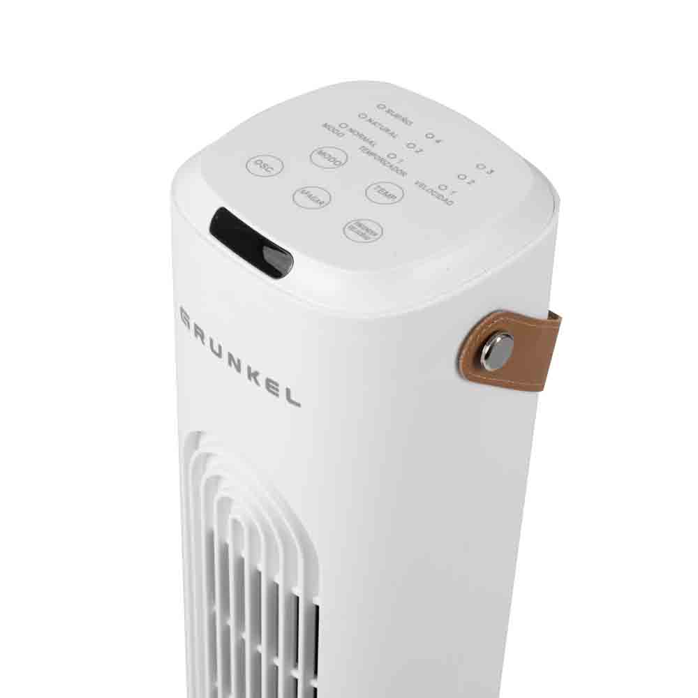 Biały wentylator wieżowy, marka Grunkel, panel sterowania na górze, brązowy uchwyt, otwory wentylacyjne.