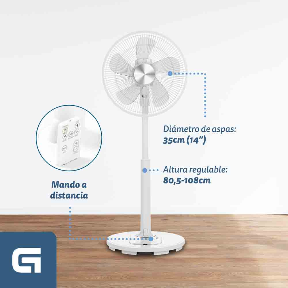 Biały wentylator z pilotem i etykietami tekstowymi. Jasne tło.