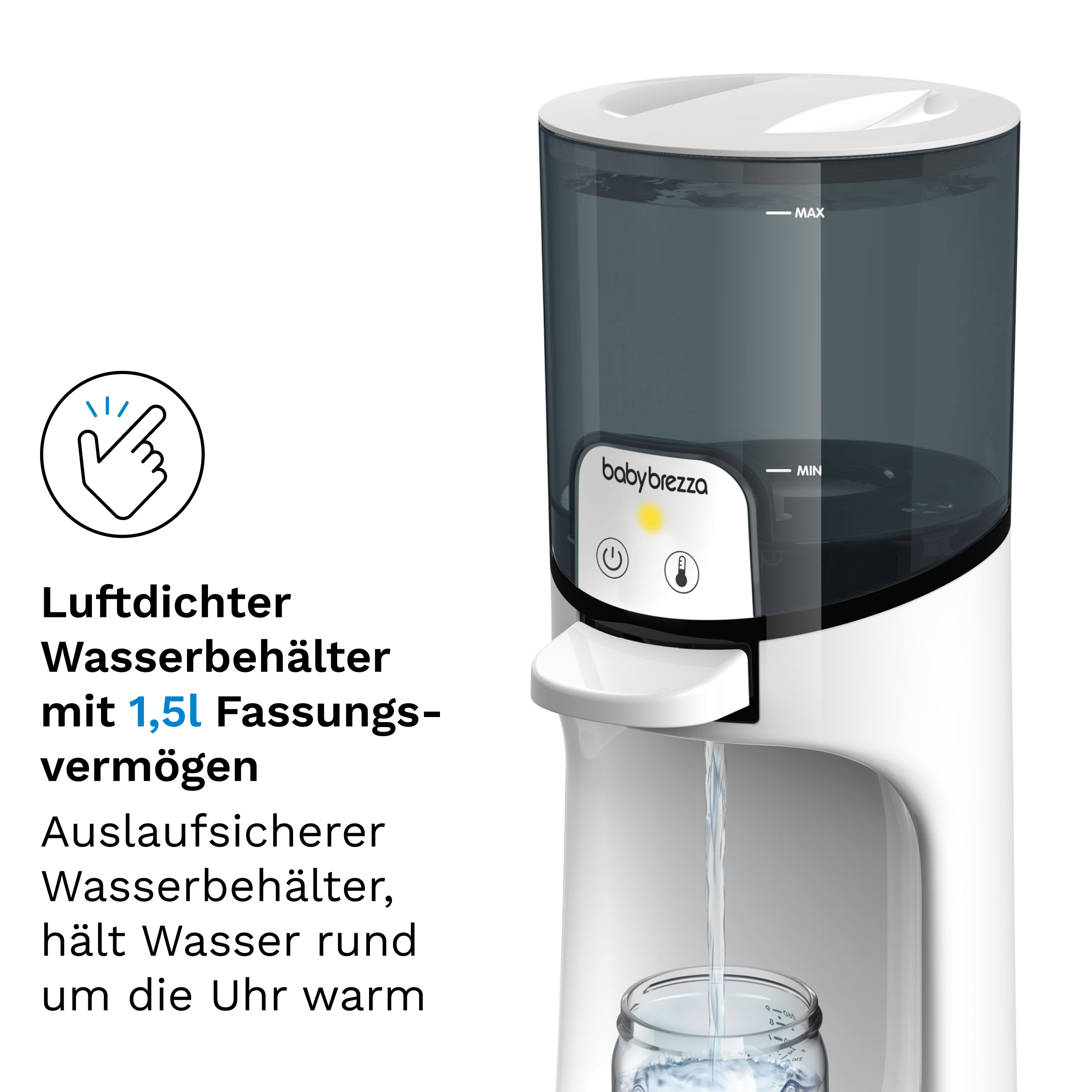 Baby Brezza Wasserwärmer, weiß und grau, mit Wasserstandsanzeige und Ausgießen in ein Glas.