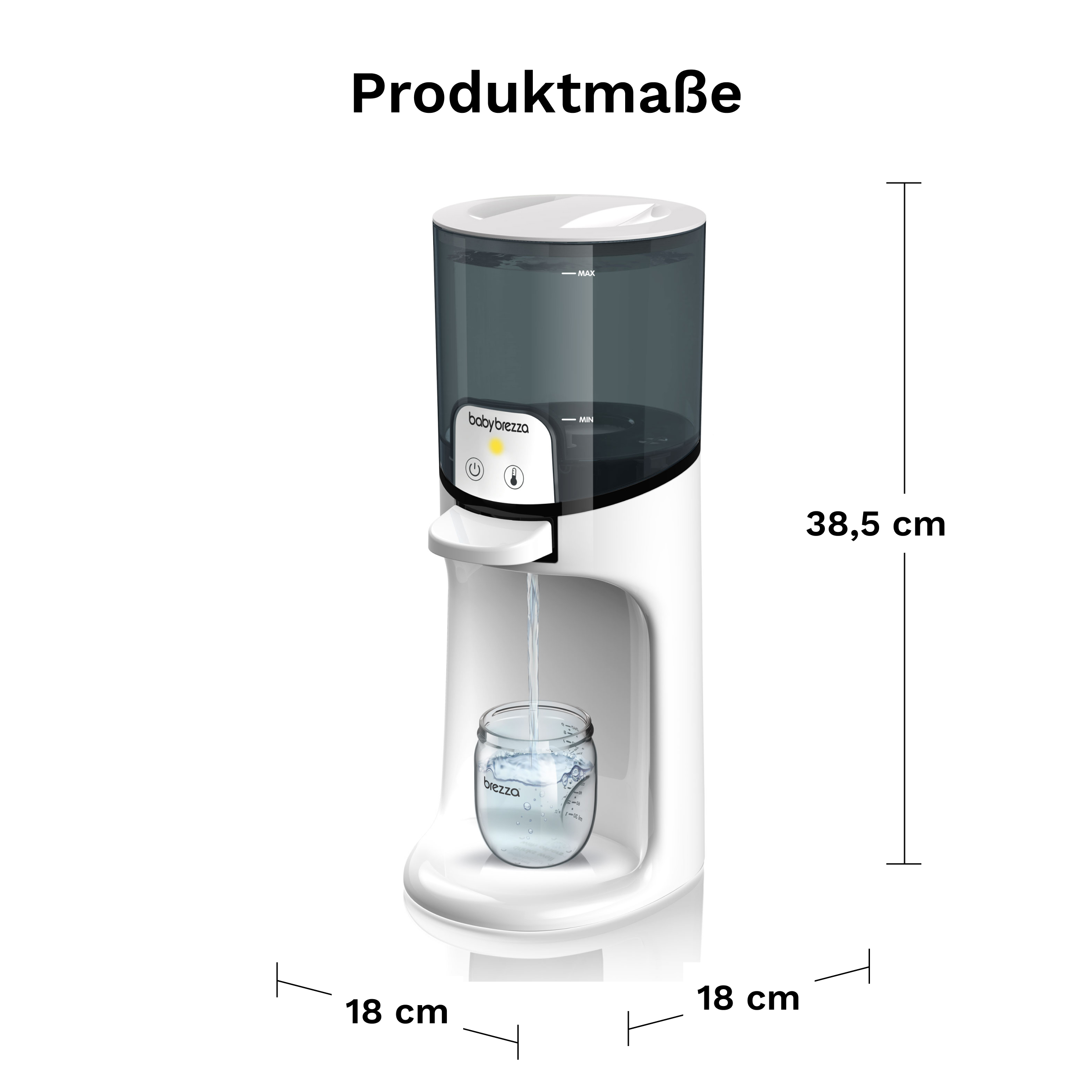 Ein weißer Babyflaschenhersteller. Er hat einen dunkelgrauen Wasserbehälter und eine Glasflasche darunter.