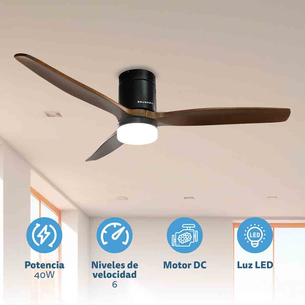 Un ventilatore da soffitto con pale marroni e motore nero. Le icone mostrano potenza, livelli di velocità, motore CC e luce LED.