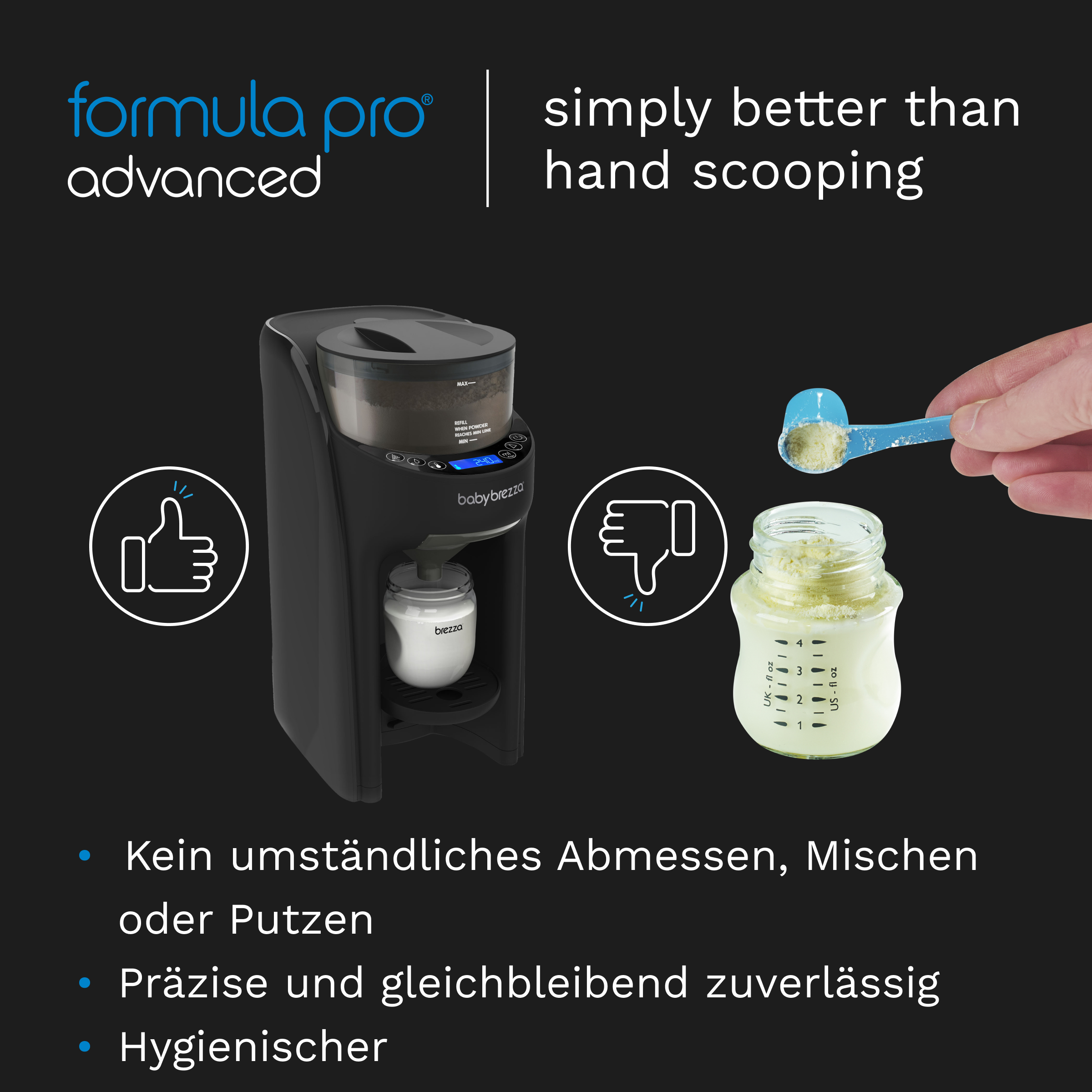Schwarz-weißer Babynahrungsbereiter mit Formel und Löffel.