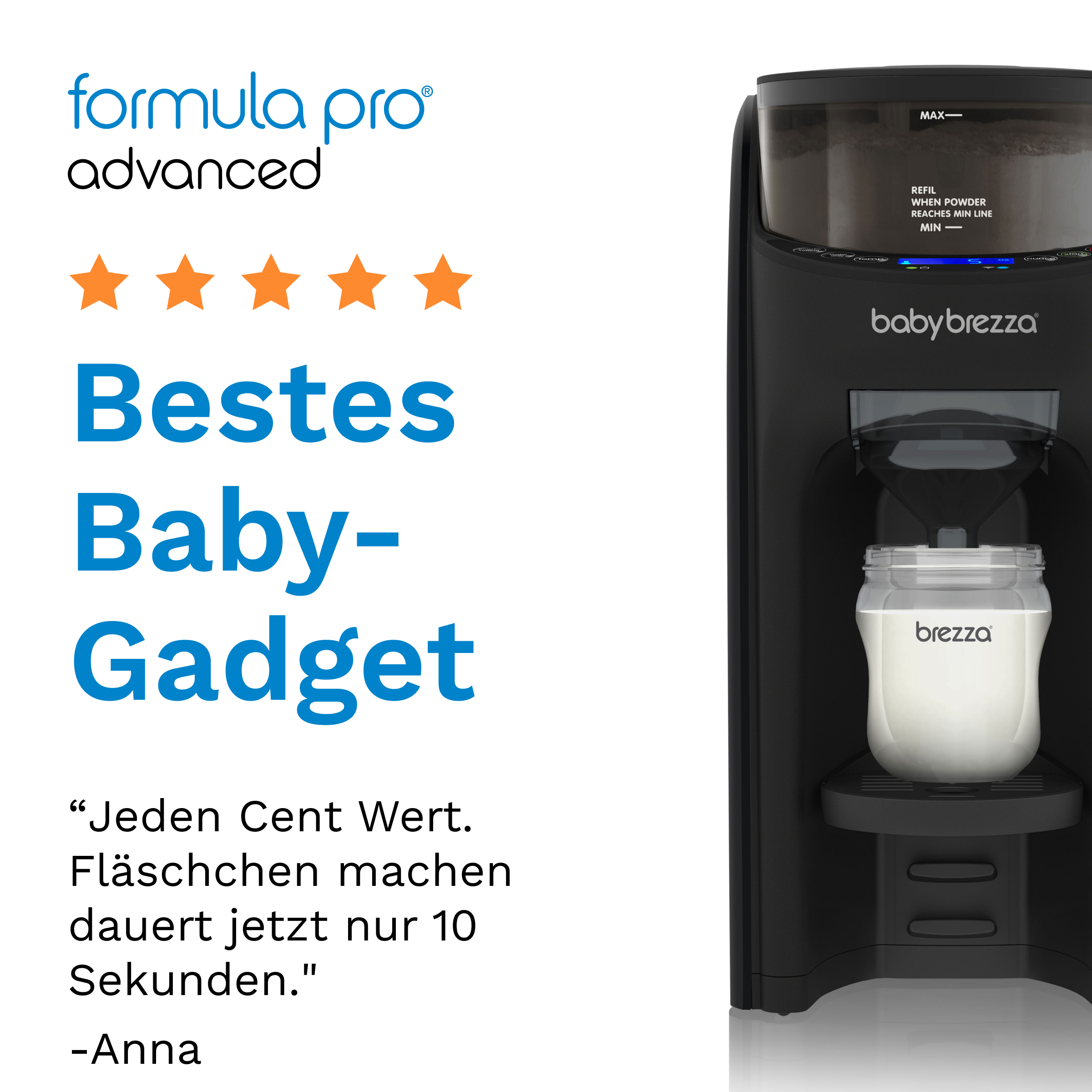 Eine Babynahrungsmaschine, die Formel in eine Flasche abgibt. Text sagt Bestes Baby-Gadget und ein Zitat.