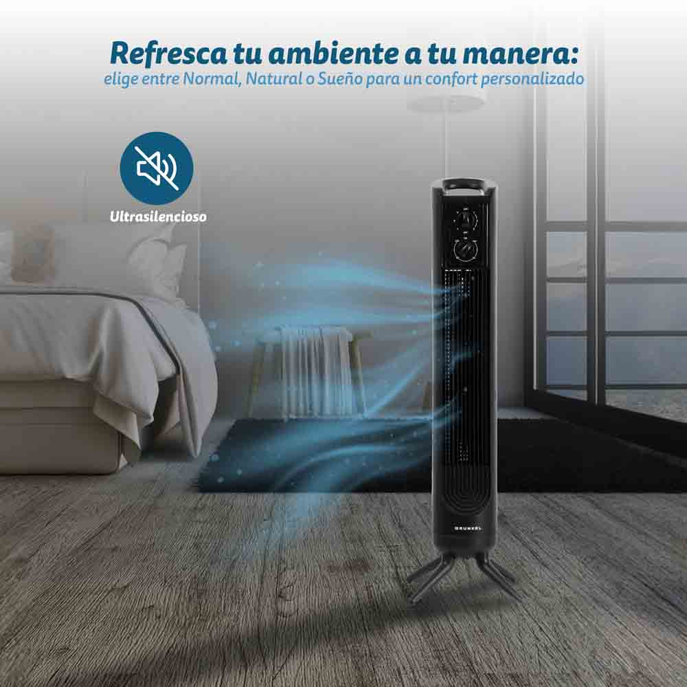 Calentador eléctrico negro con líneas de flujo de aire azules en el suelo de madera. Fondo blanco.