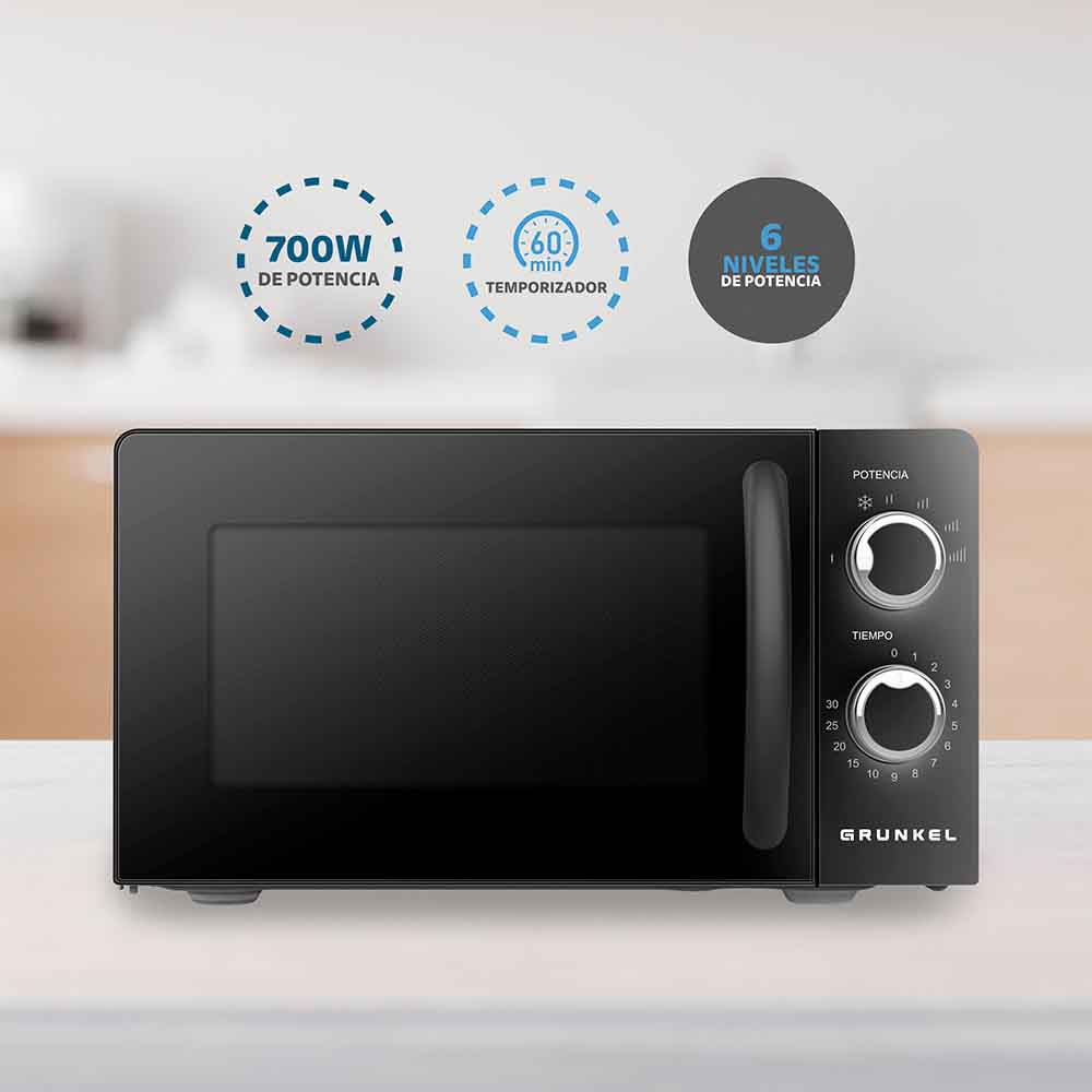 Microondas negro con panel de control. Características: 700W de potencia, temporizador de 60 min y 6 niveles.