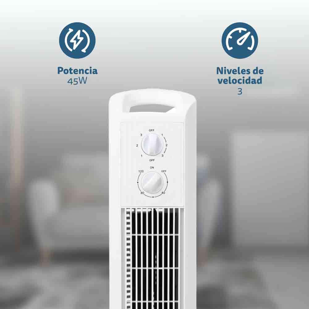 Calentador vertical blanco con diales de control e iconos de encendido y velocidad.