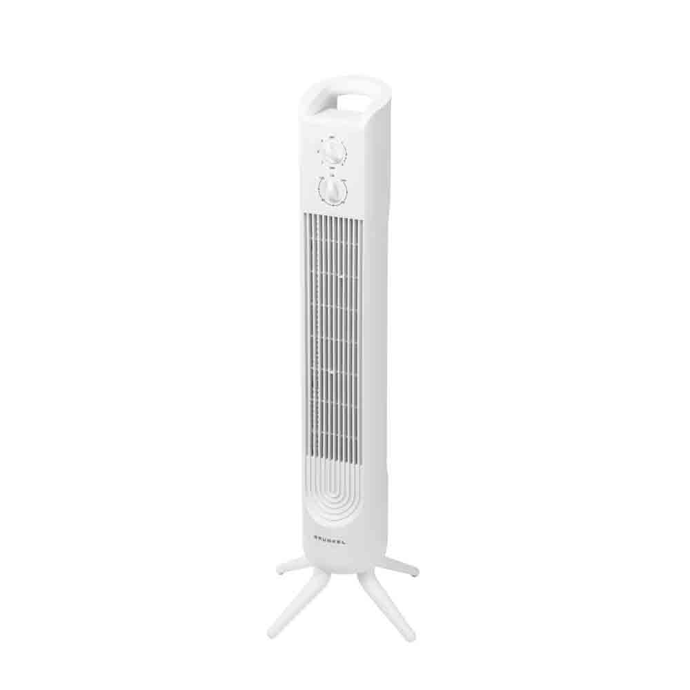 Ventilador de torre blanco, diseño vertical, con base y botones de control.