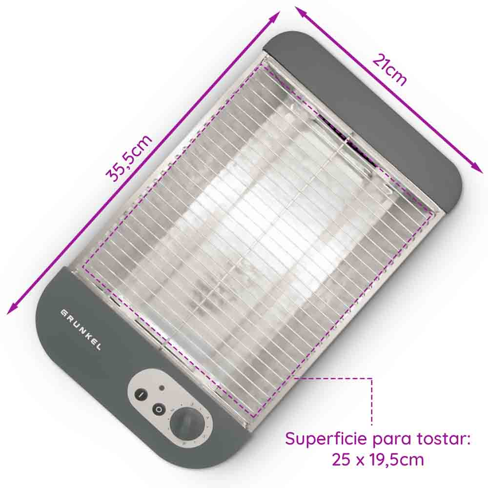 Calentador eléctrico gris con dimensiones y texto en español.
