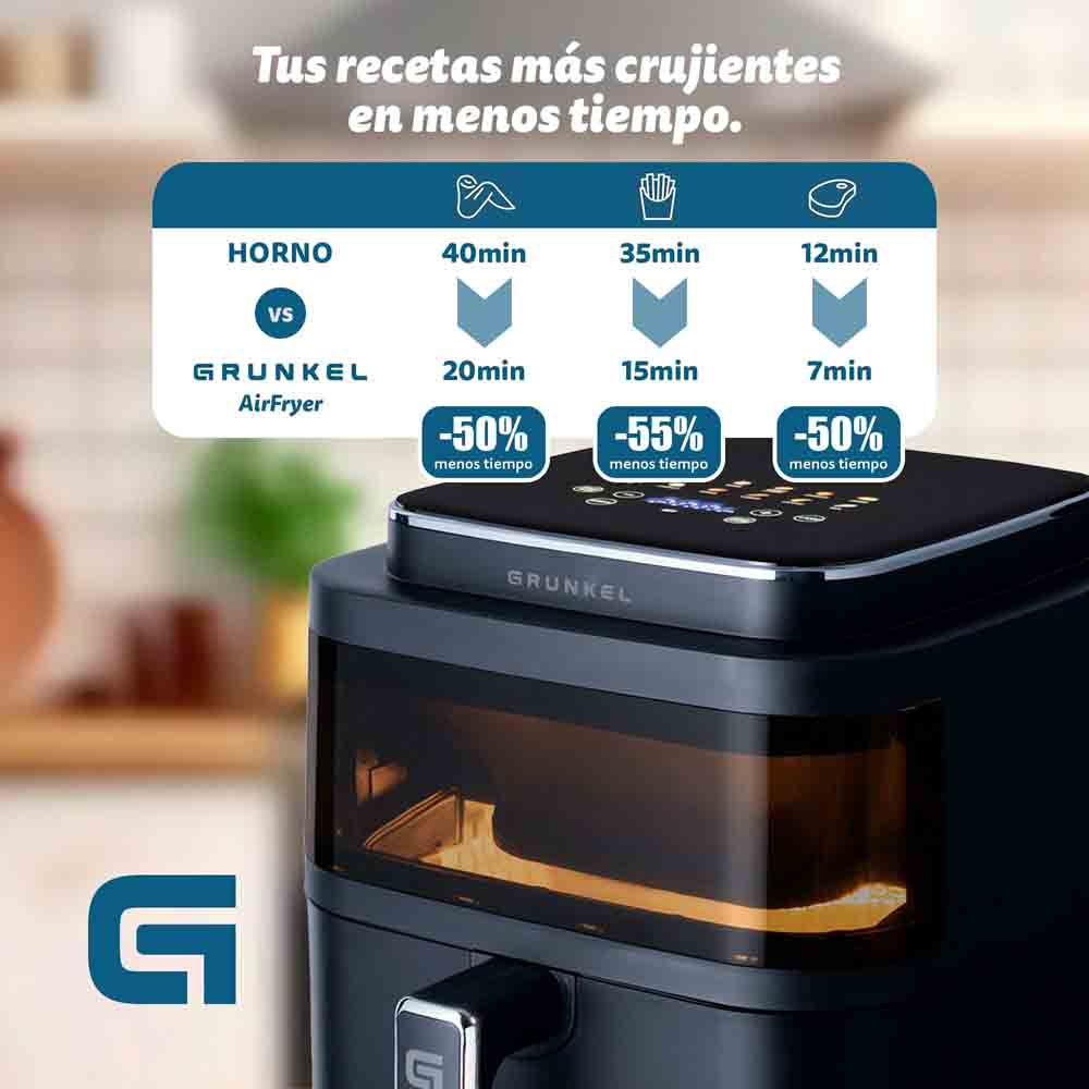 Una freidora de aire con texto comparando tiempos de cocción con un horno convencional. Ahorro de tiempo.