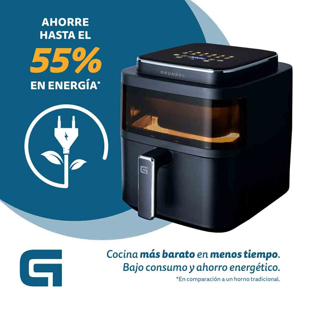 Freidora de aire negra con texto sobre ahorro de energía, con icono de enchufe y planta.