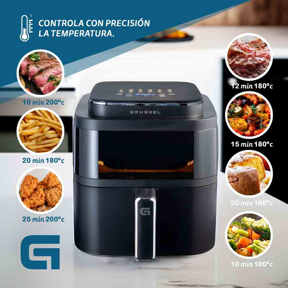 Una freidora de aire negra con imágenes de alimentos y tiempos de cocción. Los controles muestran la temperatura.
