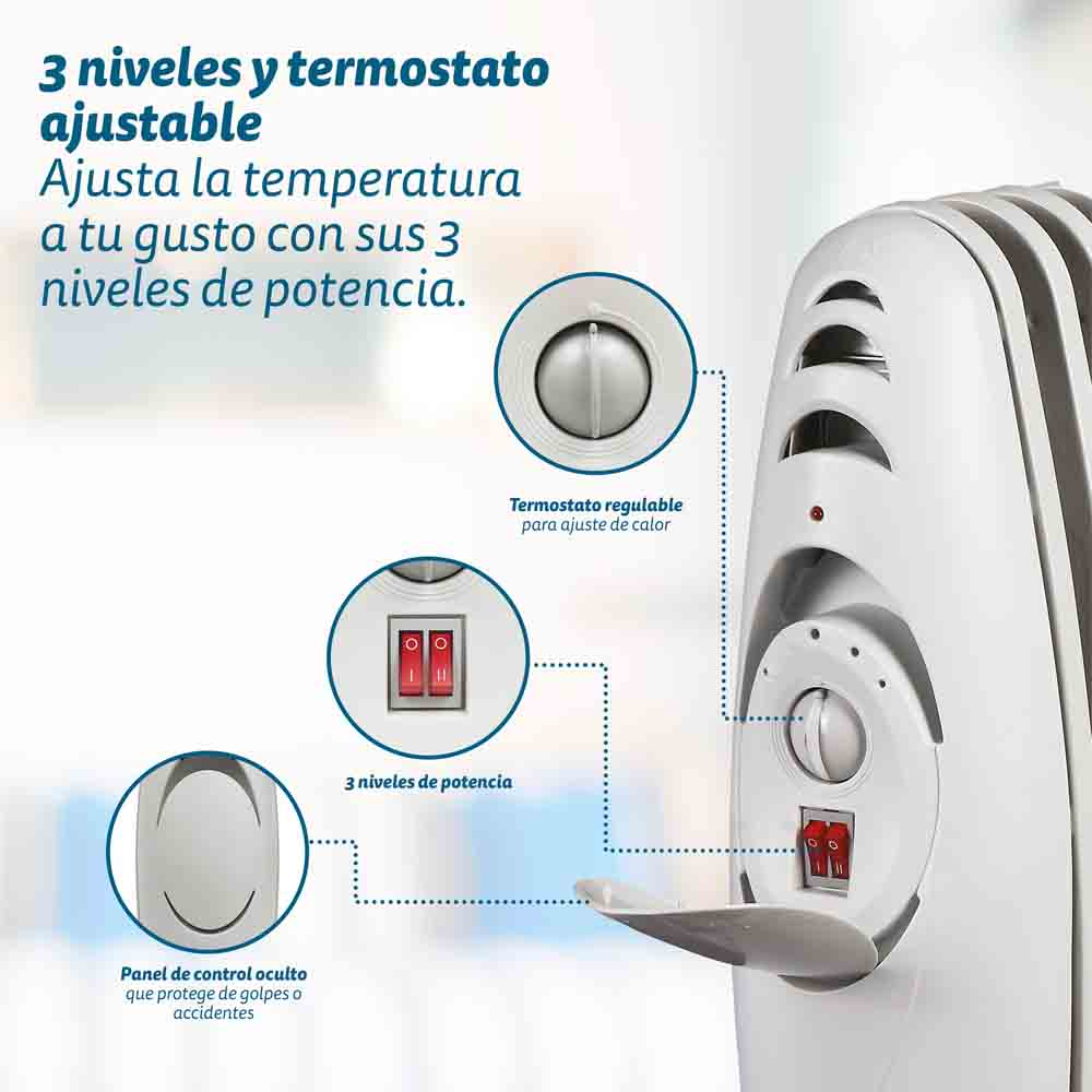 Primer plano de un calefactor con tres niveles de potencia y un termostato. Los controles están etiquetados.