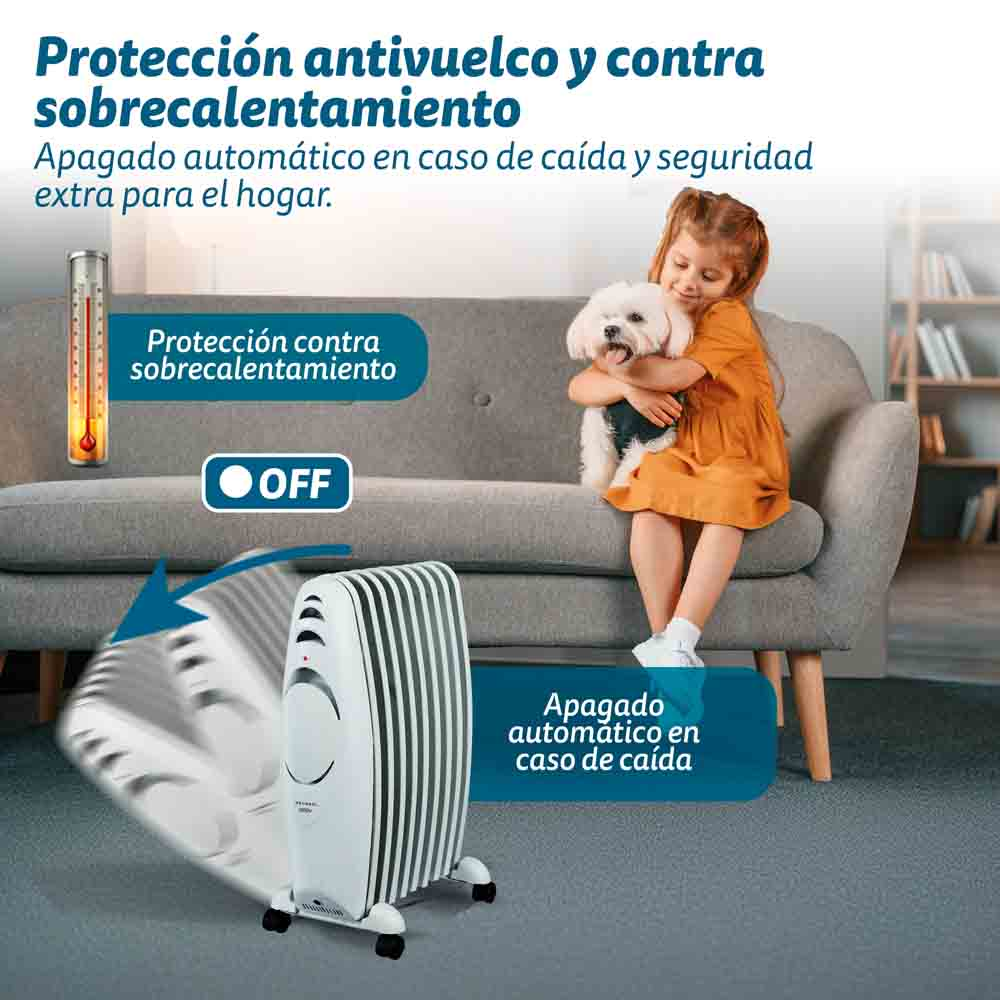 Una niña abraza a un perro blanco cerca de un calentador. Texto describe funciones de seguridad.