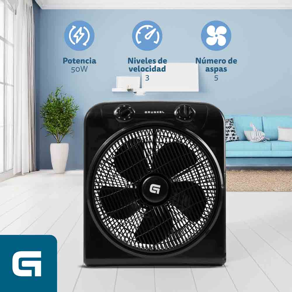 Un ventilador negro con un logotipo, con indicadores de potencia, velocidad y aspas arriba.