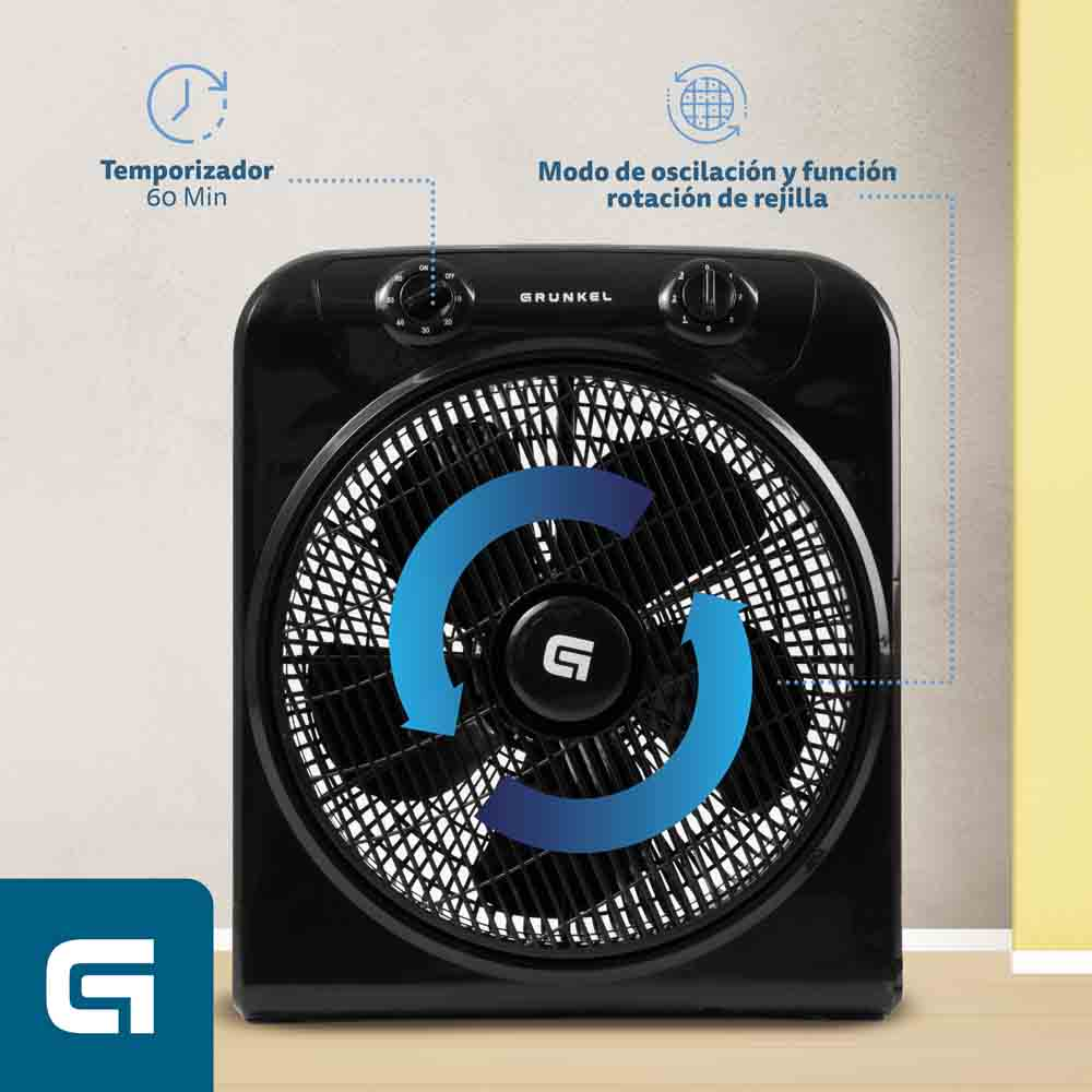 Ventilador negro con aspas giratorias, con temporizador y oscilación.