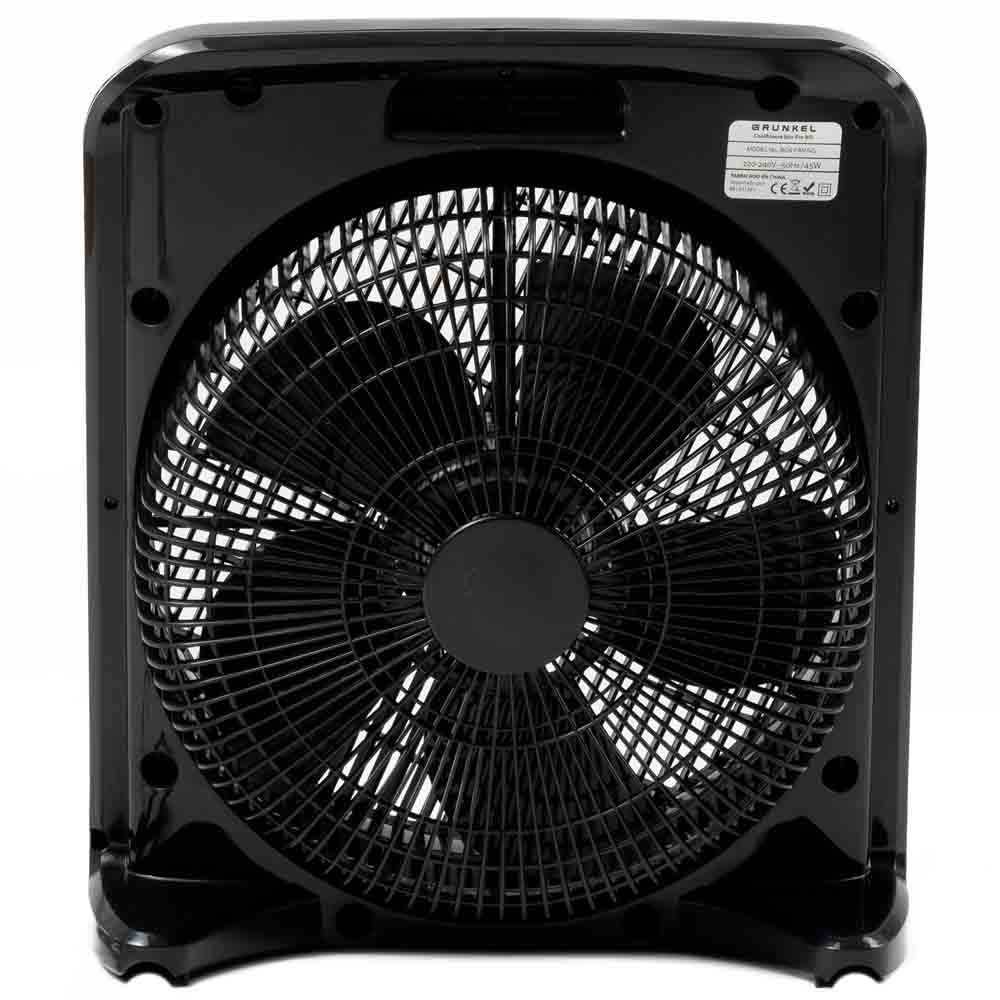 Ventilador cuadrado negro, marca Grunkel, vista trasera, aspas visibles, marco negro.