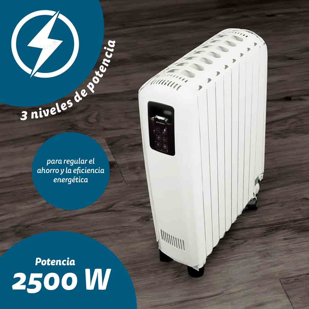 Radiador eléctrico blanco con pantalla digital, resaltando 3 niveles de potencia y eficiencia energética.
