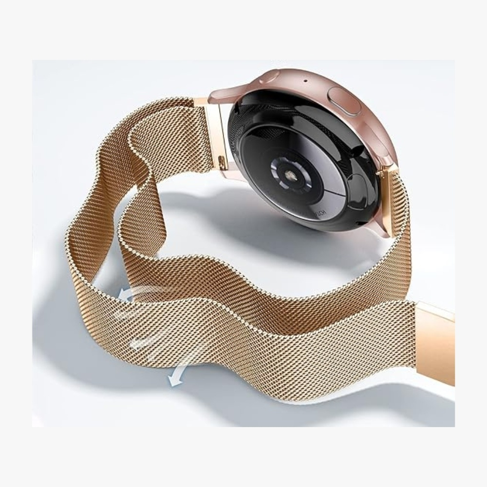 Roségoldene Smartwatch mit goldenem Mesh-Armband. Armband teilweise gelöst.