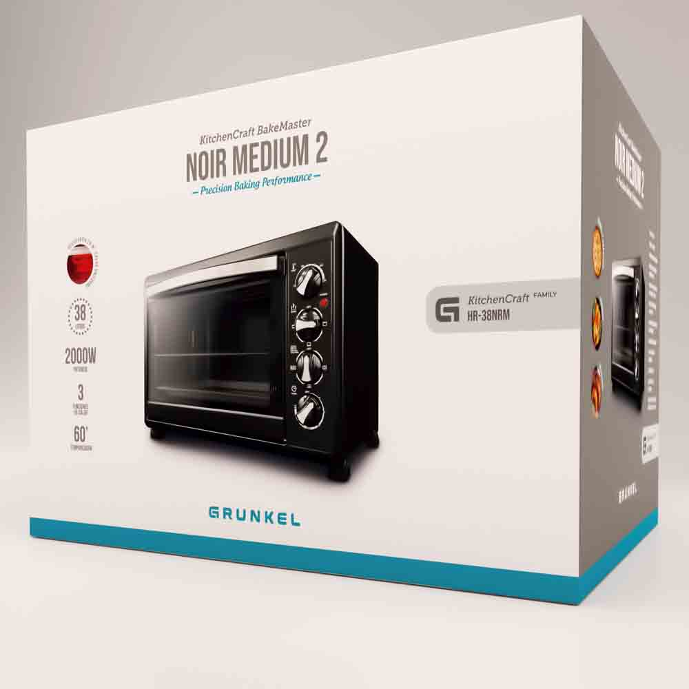 Caja del horno KitchenCraft BakeMaster. Imagen del horno negro, detalles del producto en la caja.