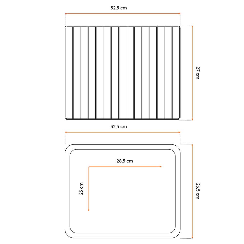 Schemat grilla z wymiarami w centymetrach. Na górze grill, na dole taca.
