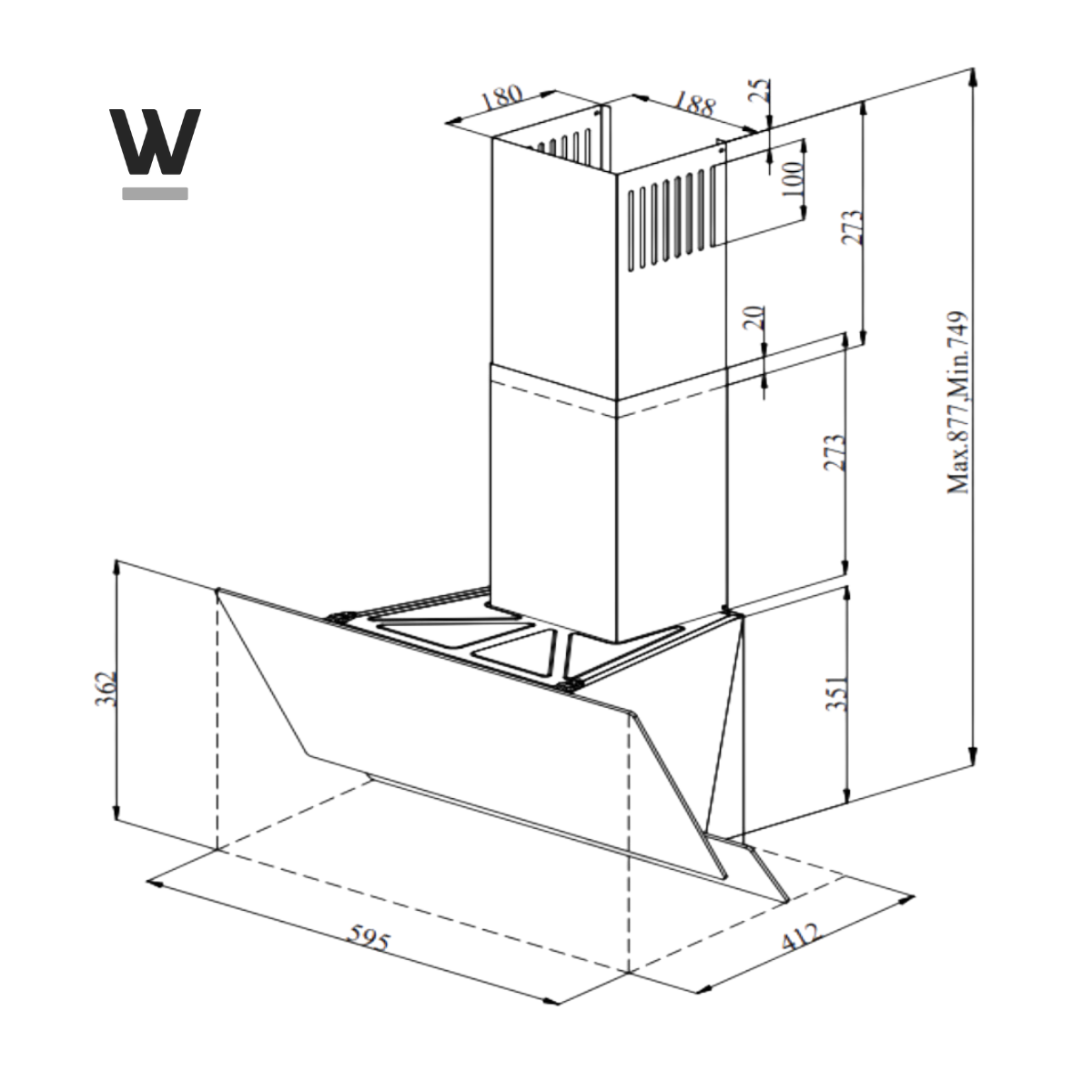 Technische tekening van een afzuigkap. Het is een zwart-wit lijntekening met afmetingen en labels.