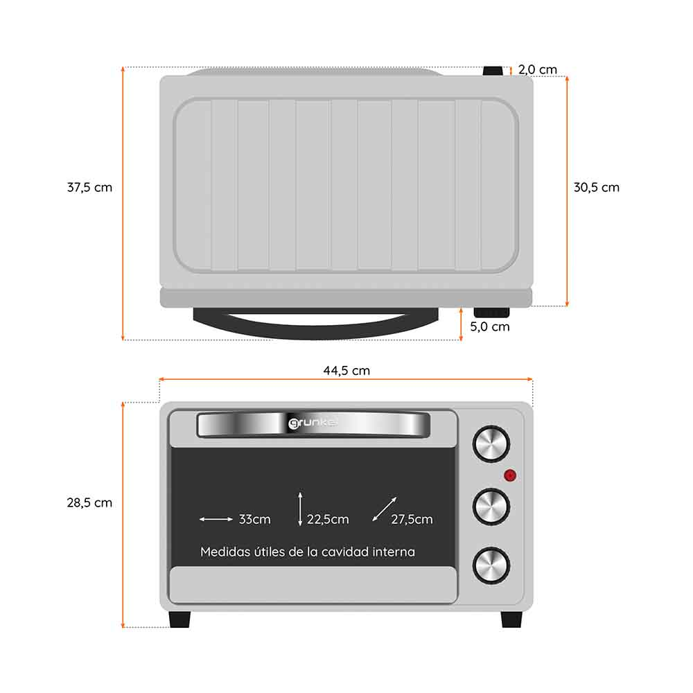 Vista dall'alto e frontale di un forno bianco, che mostra dimensioni e dettagli del pannello di controllo.