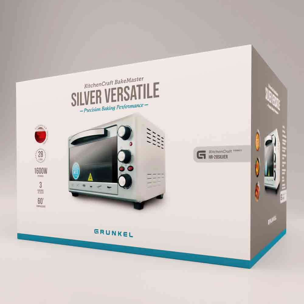 Scatola del forno con il prodotto in mostra. Schema di colori bianco e grigio.