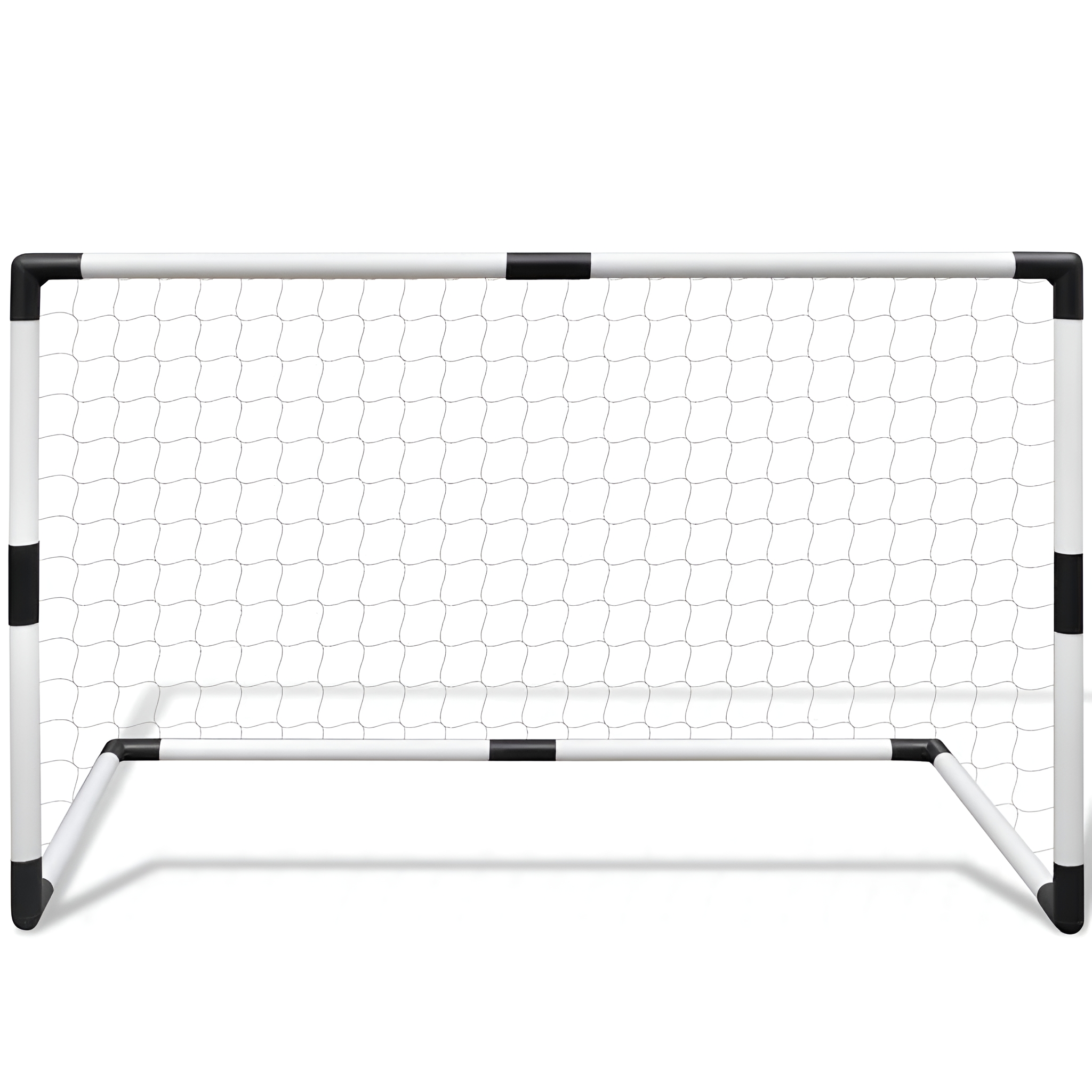 Ein weiß-schwarzes Fußballtor mit Netz auf weißem Hintergrund.