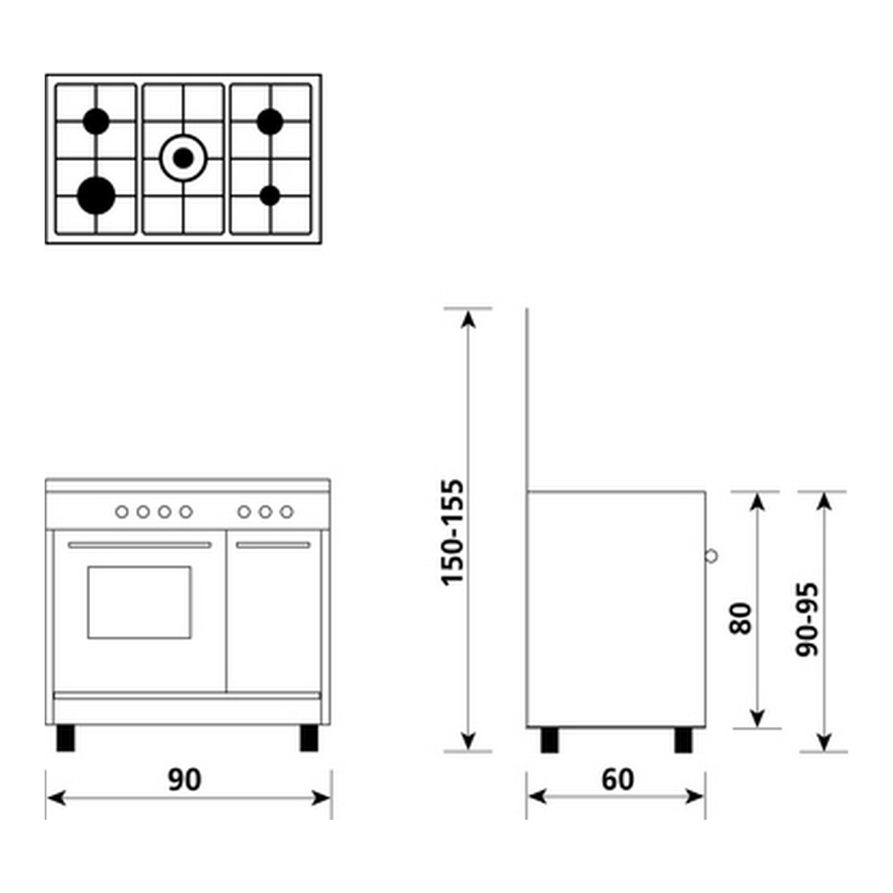 Diagramma di un fornello con dimensioni, vista dall'alto dei bruciatori e del forno.