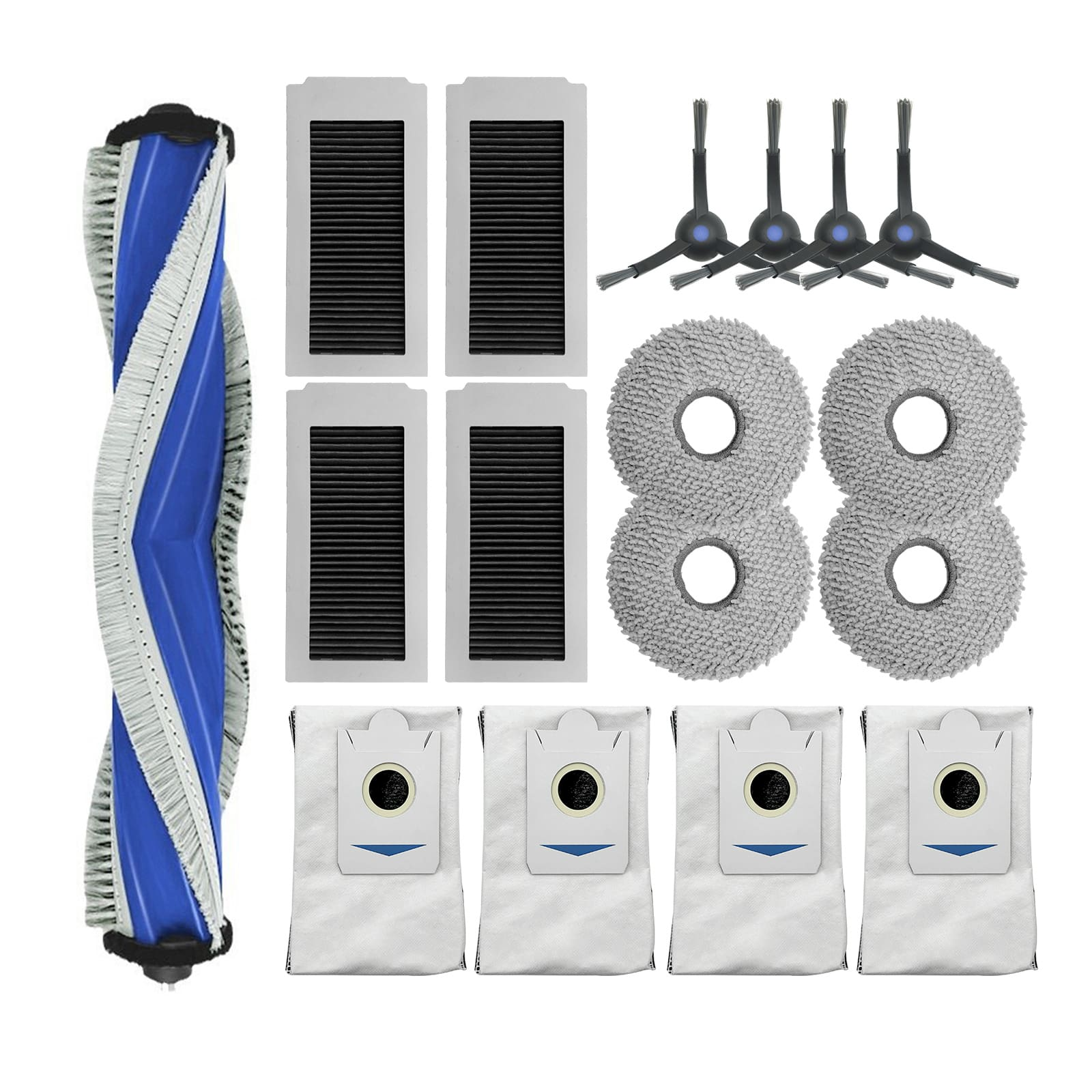 Ein Set an Reinigungszubehör wird präsentiert, darunter Bürsten, Filter und Staubsaugerbeutel.