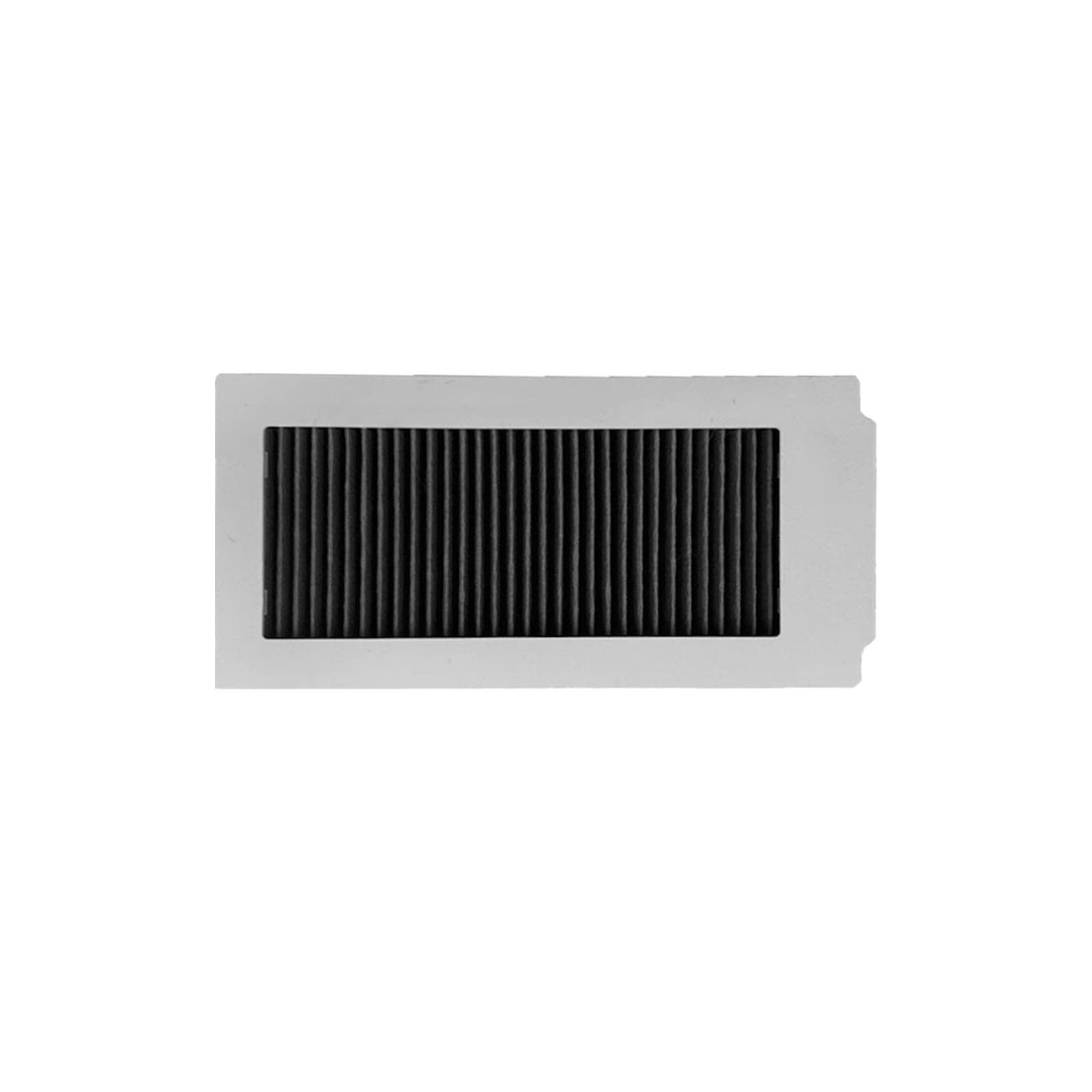 Rechteckiger Luftfilter mit schwarzem Gitter im Inneren. Weißer Rahmen um den Filter.
