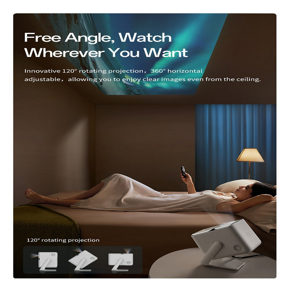 Kobieta w łóżku używa telefonu. Projektor na stole wyświetla obraz.