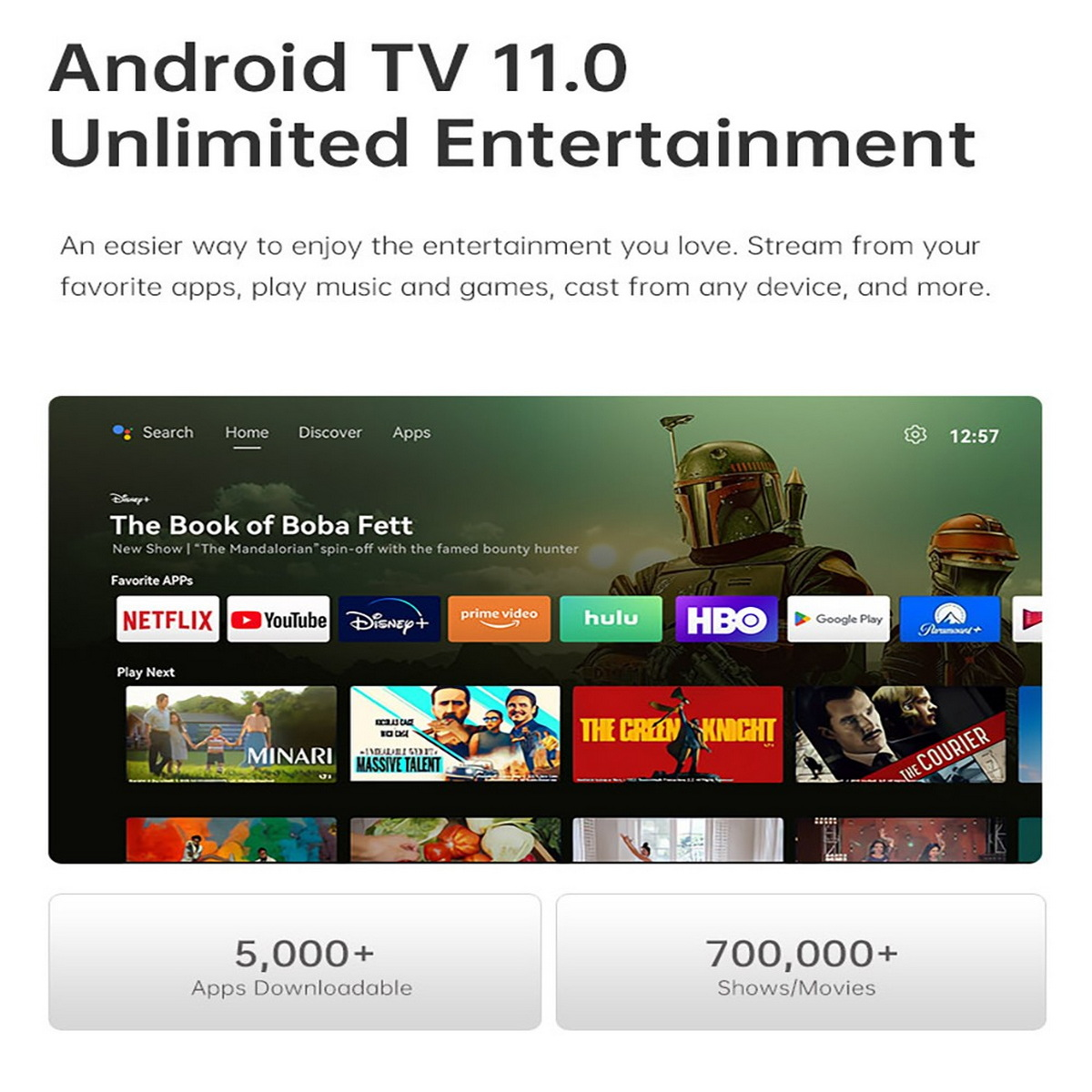 Ekran telewizora wyświetla interfejs Android TV z aplikacjami do strumieniowania i filmami.