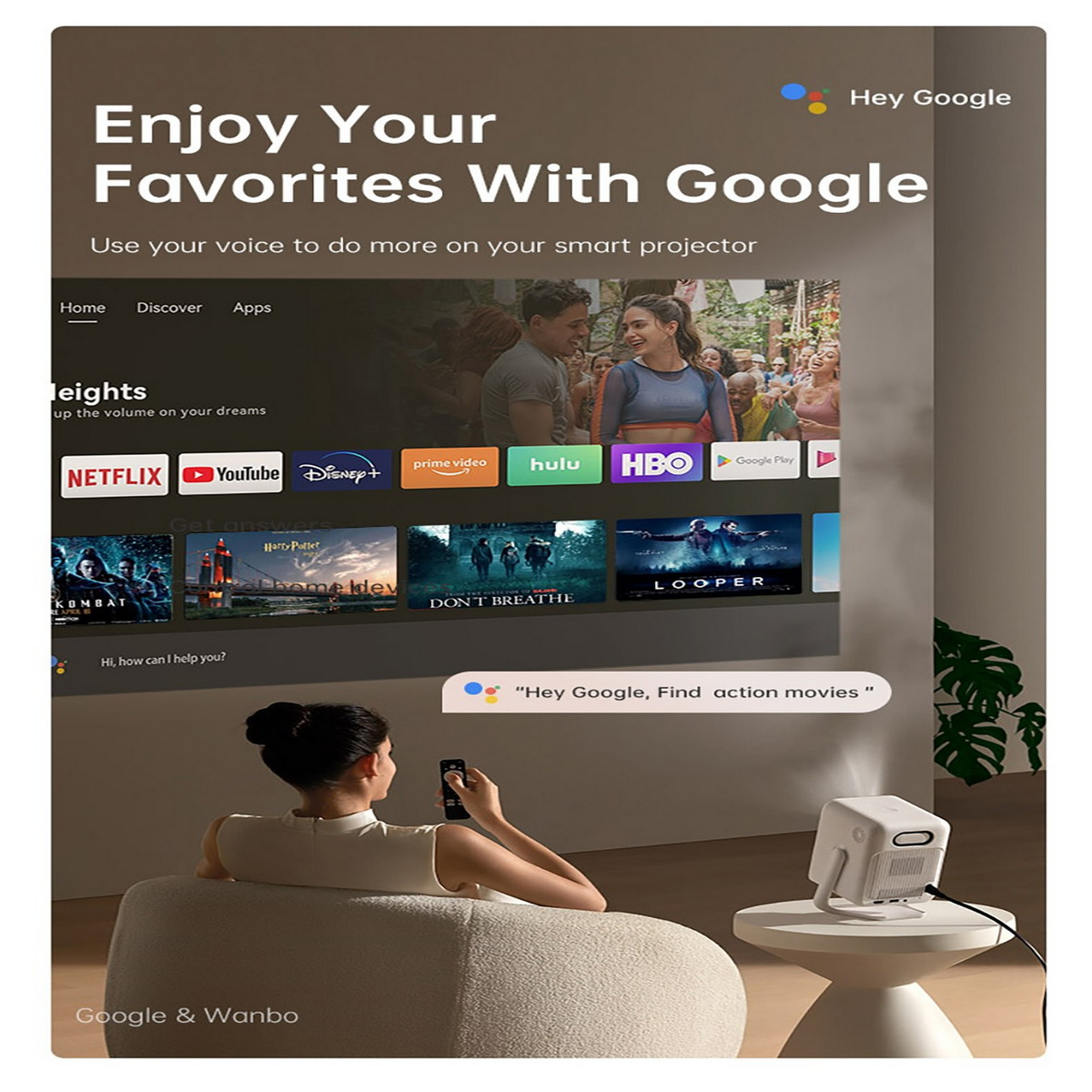 Kobieta ogląda projektor z interfejsem streamingu. Kanapa, stół i mały projektor.